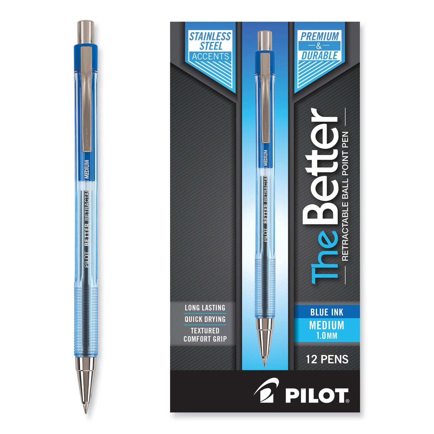 Pilot Better Retractable Ballpoint Pens - 1 mm Pen Point - Refillable - Retractable - Blue Ink - Translucent Barrel - 1 Dozen