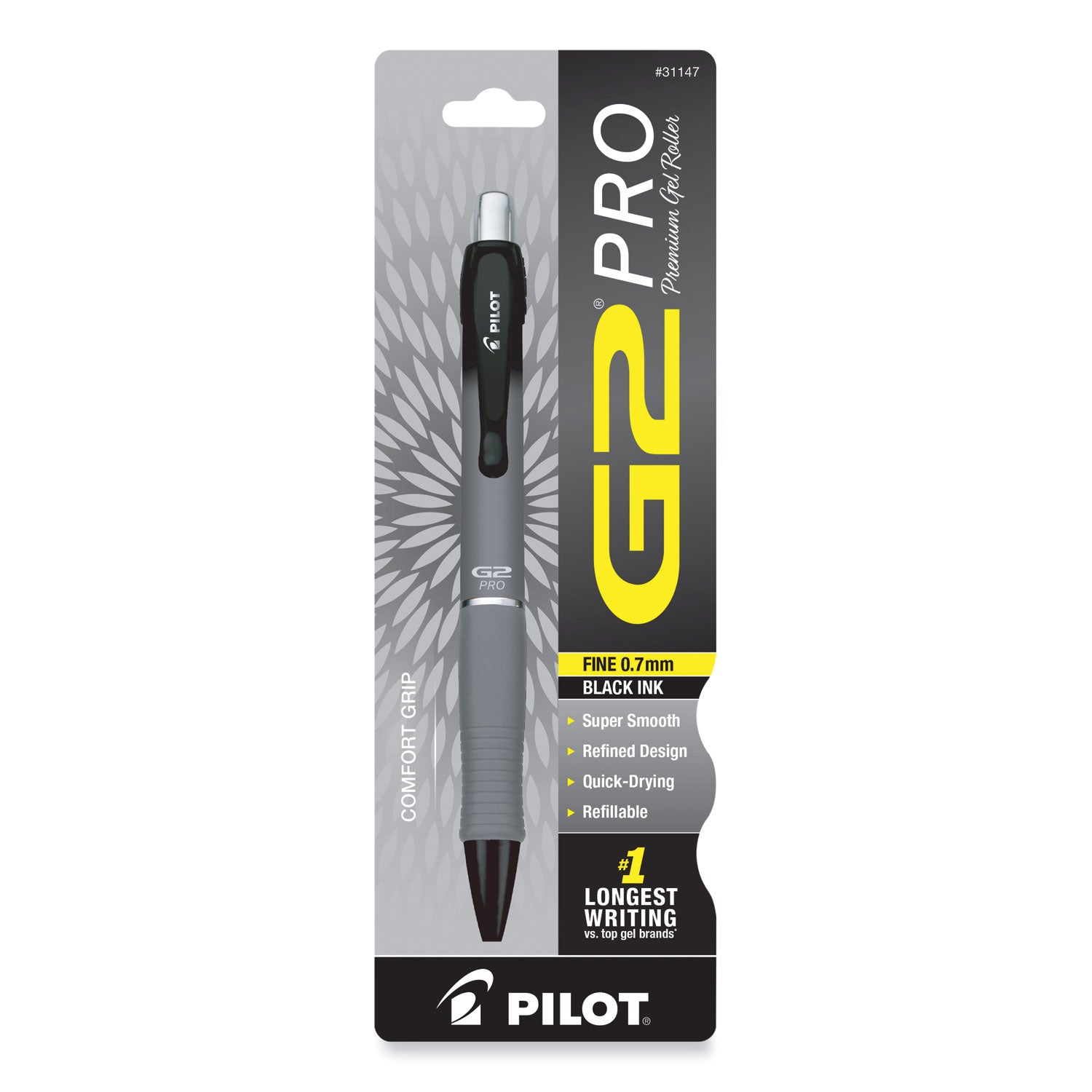 0.7 mm Fine Pen Point - Refillable - Retractable - Black Ink - Gel-based - Gray Barrel - 1 Each