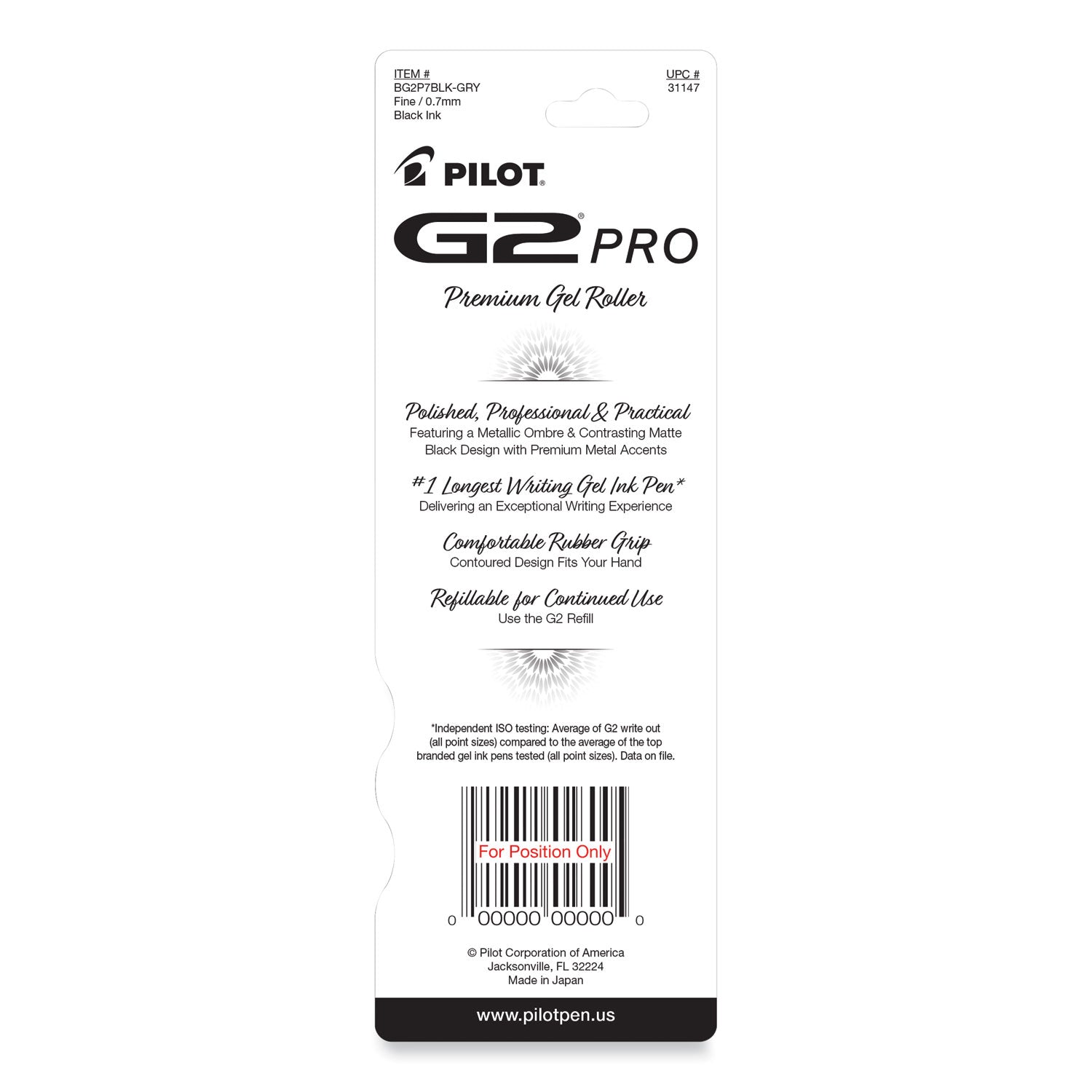 0.7 mm Fine Pen Point - Refillable - Retractable - Black Ink - Gel-based - Gray Barrel - 1 Each