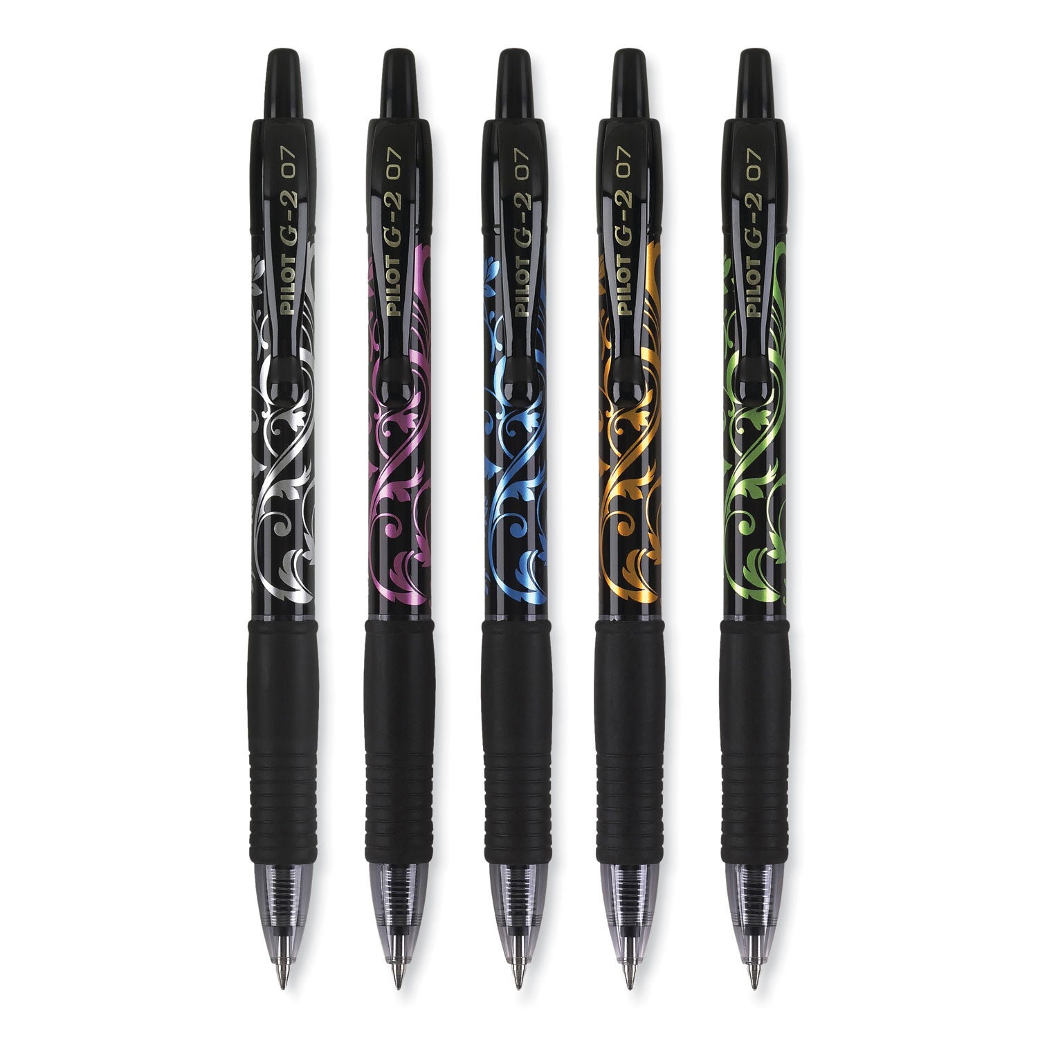 0.7 mm Fine Pen Point - Refillable - Retractable - Black Ink - Gel-based - Silver, Pink, Blue, Orange, Green Barrel - 5 / Pack