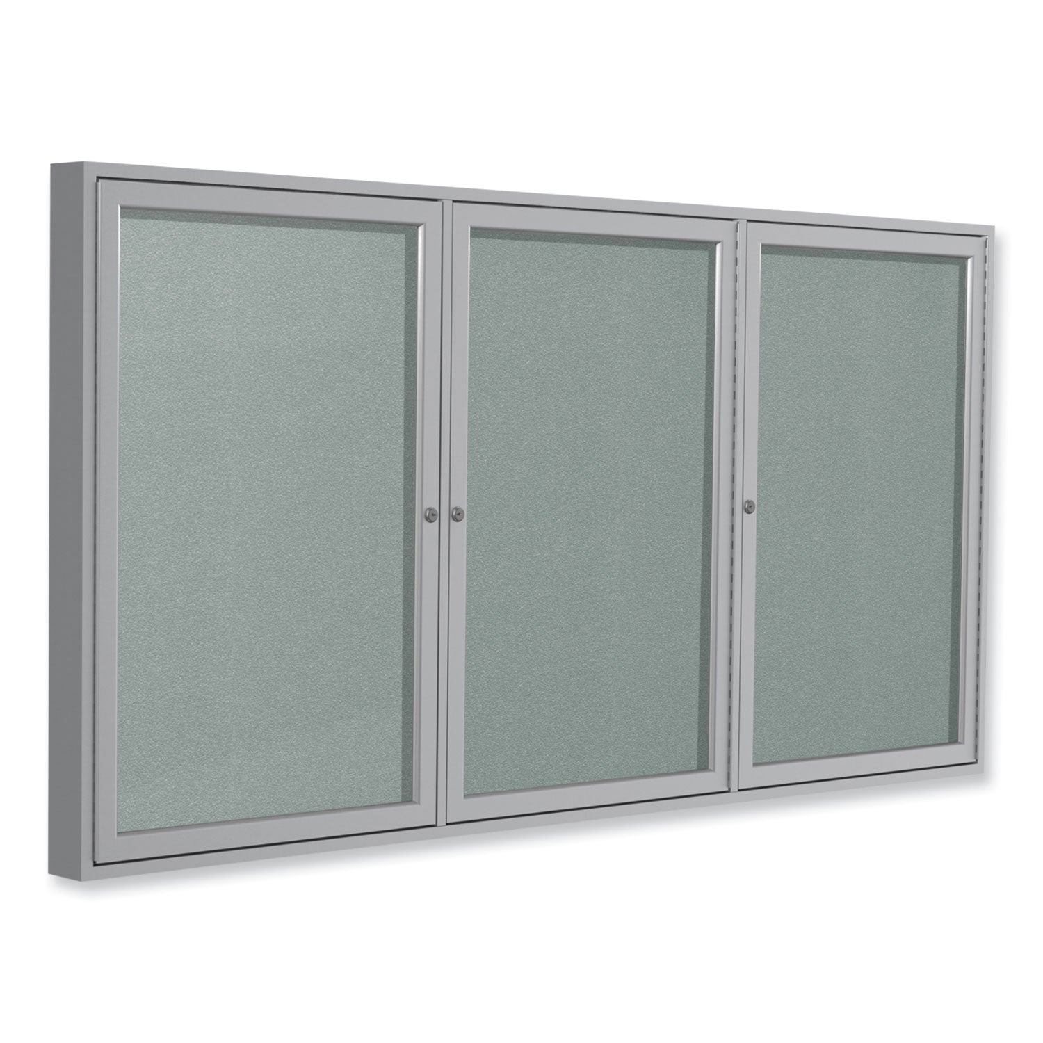 Ghent 3 Door Enclosed Vinyl Bulletin Board with Satin Aluminum Frame, Silver Surface, 48" x 96", Locking Hinged Doors, 1 Each