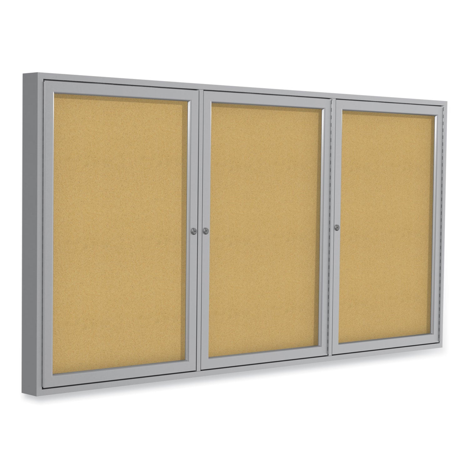 Ghent 3 Door Enclosed Vinyl Bulletin Board, 48" x 72", Silver Vinyl Surface, Satin Anodized Aluminum Frame, Hinged Doors, Lockable, Weather and Water Resistant, 1 Each