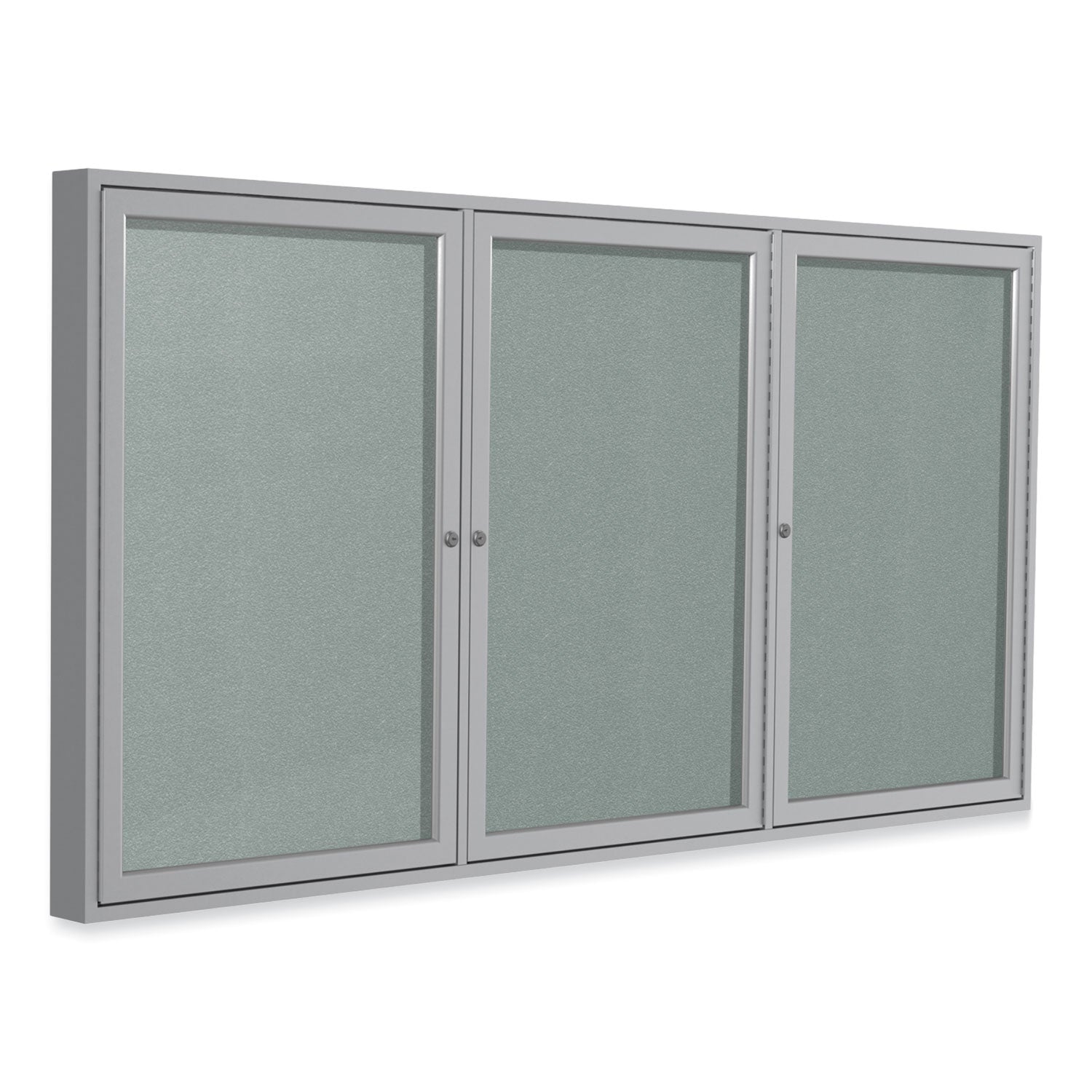 Ghent 3 Door Enclosed Vinyl Bulletin Board, 36" x 72", Silver Vinyl Surface, Satin Aluminum Frame, Locking Hinged Doors, 1 Each