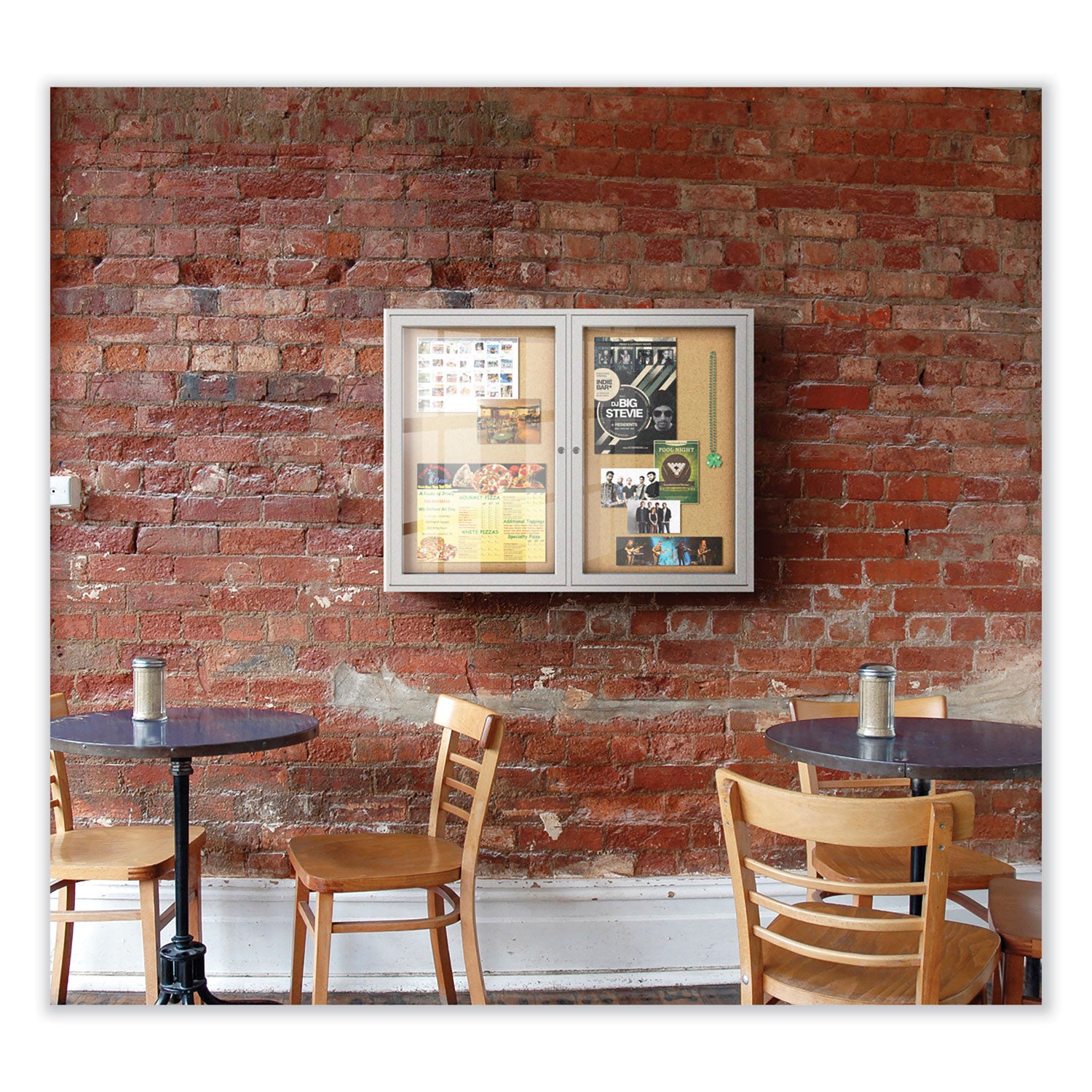 Ghent 2-Door Enclosed Bulletin Board - 36" Board Height x 60" Board Width - Cork Surface - Shatter Resistant, Self-healing - Satin Aluminum Frame - 1 Each