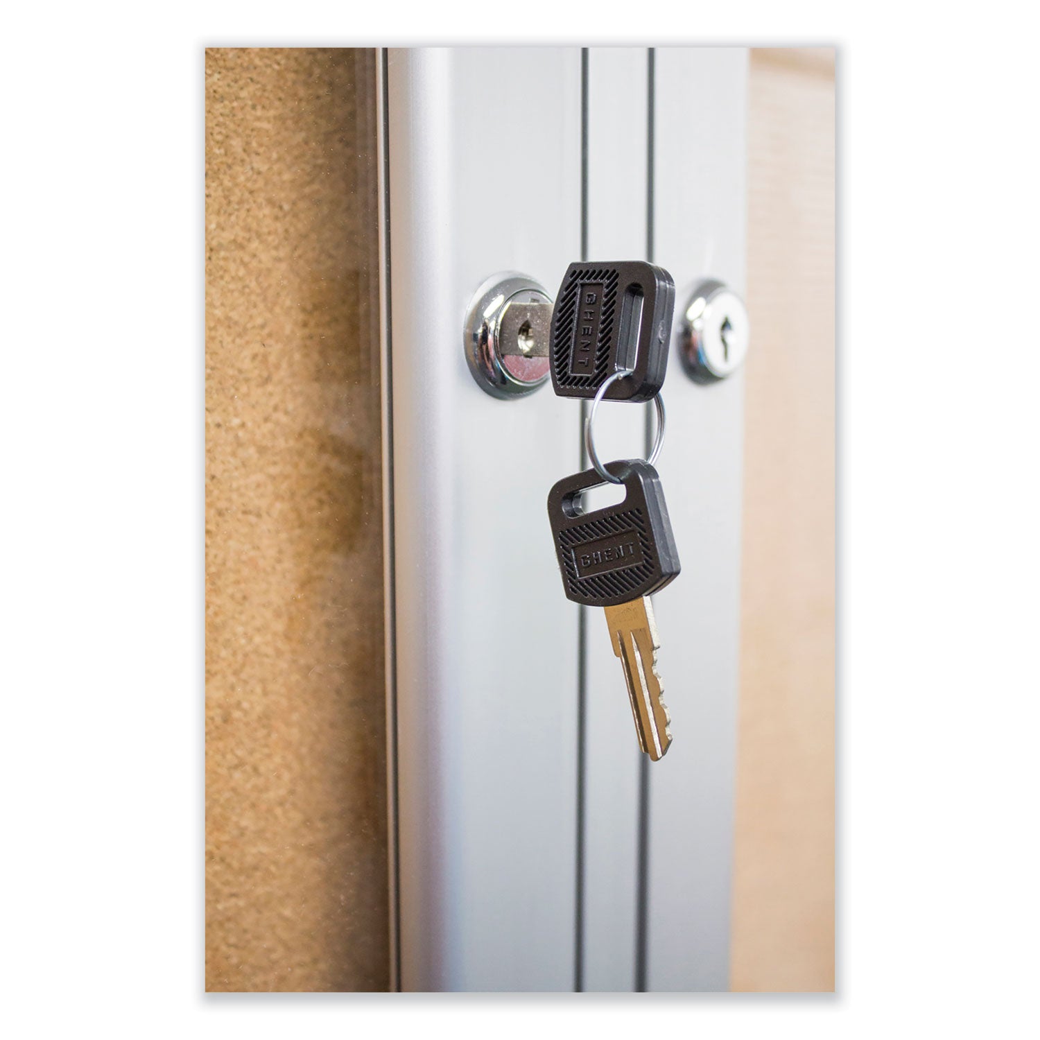 Ghent 2-Door Enclosed Bulletin Board - 36" Board Height x 60" Board Width - Cork Surface - Shatter Resistant, Self-healing - Satin Aluminum Frame - 1 Each