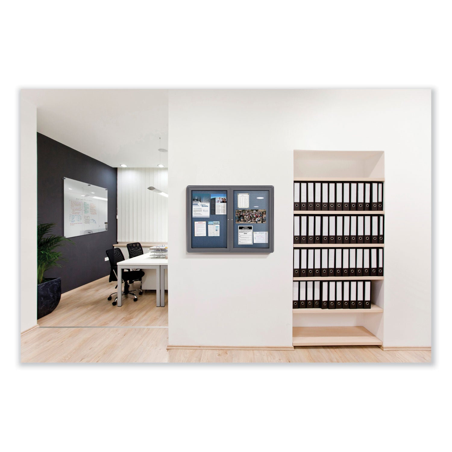 Ghent 2 Door Enclosed Vinyl Bulletin Board with Satin Aluminum Frame, 36" x 60", Silver Surface, Locking Hinged Doors, Self-Healing, Water & Weather Resistant, Includes 2 Keys, 1 Each