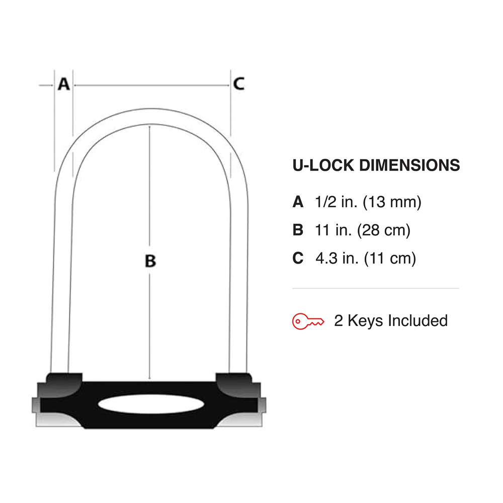 6in (15cm) Wide Hardened Steel U-Lock with 11in (28cm) Shackle Clearance; 4ft (1.2m) x 3/8in (10mm) Looped-End Cable