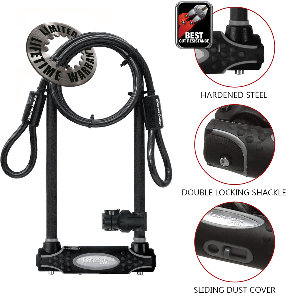 6in (15cm) Wide Hardened Steel U-Lock with 11in (28cm) Shackle Clearance; 4ft (1.2m) x 3/8in (10mm) Looped-End Cable