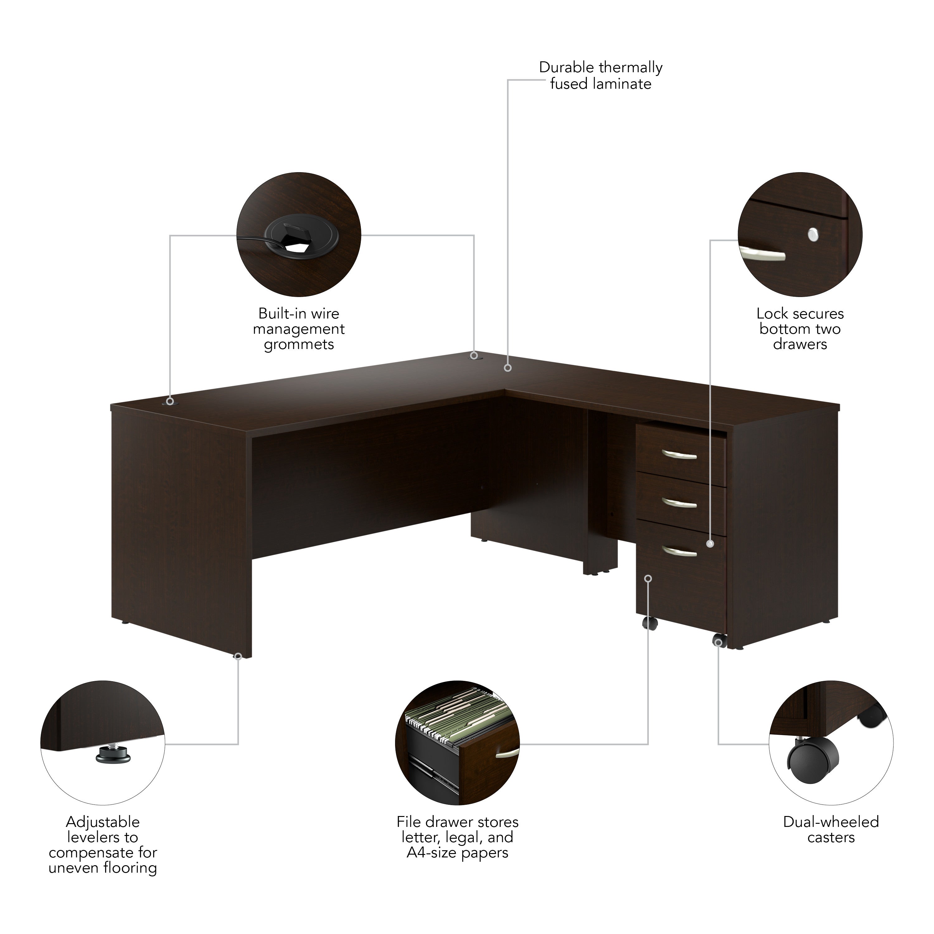 Bush Business Furniture Series C 72W L Shaped Desk with 42W Return and Mobile File Cabinet in Mocha Cherry - 71.02" Width x 71.02" Depth x 29.84" Height