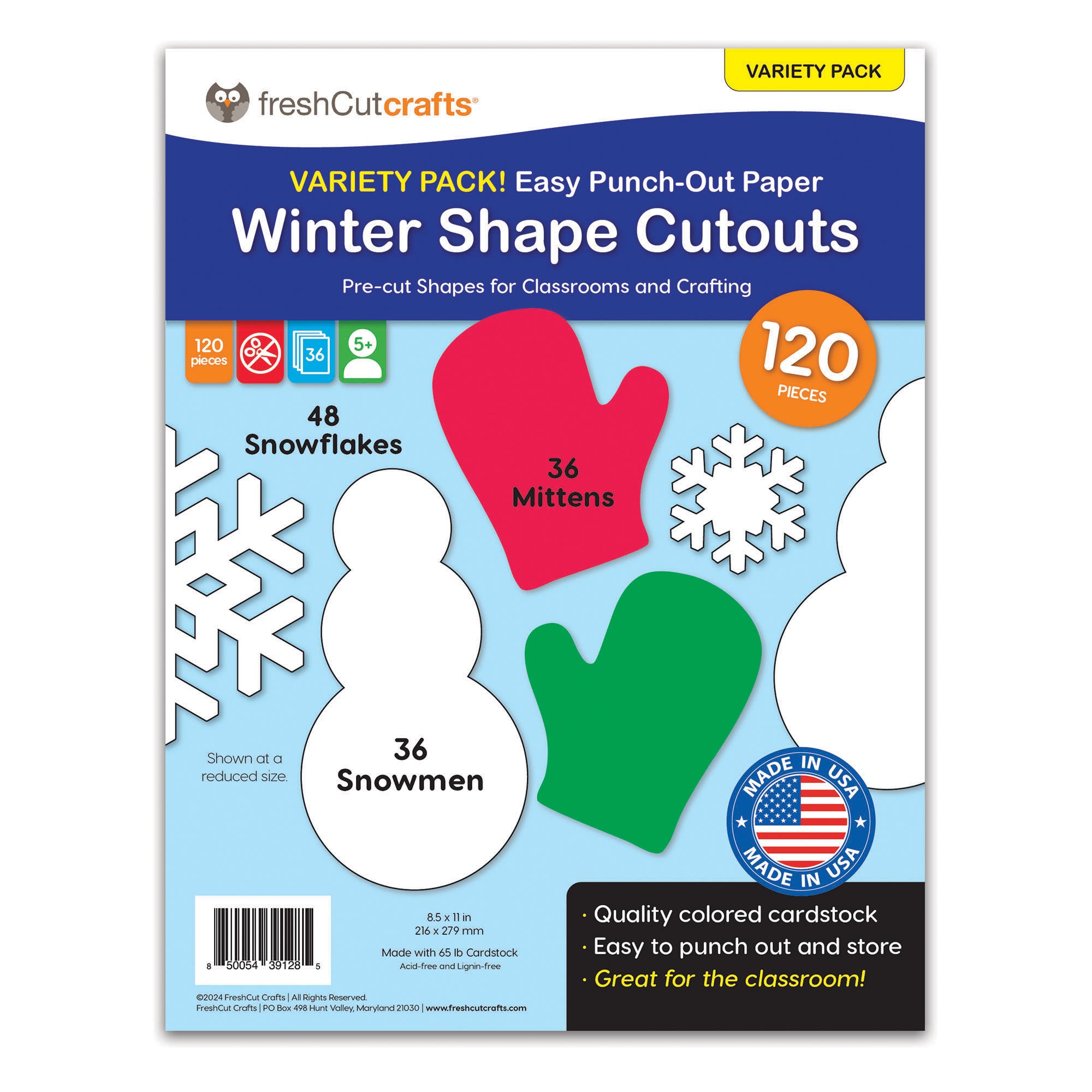 Punch Out Paper Cutouts, Winter Shapes, Snowflakes, Mittens & Snowman, 120 Pieces