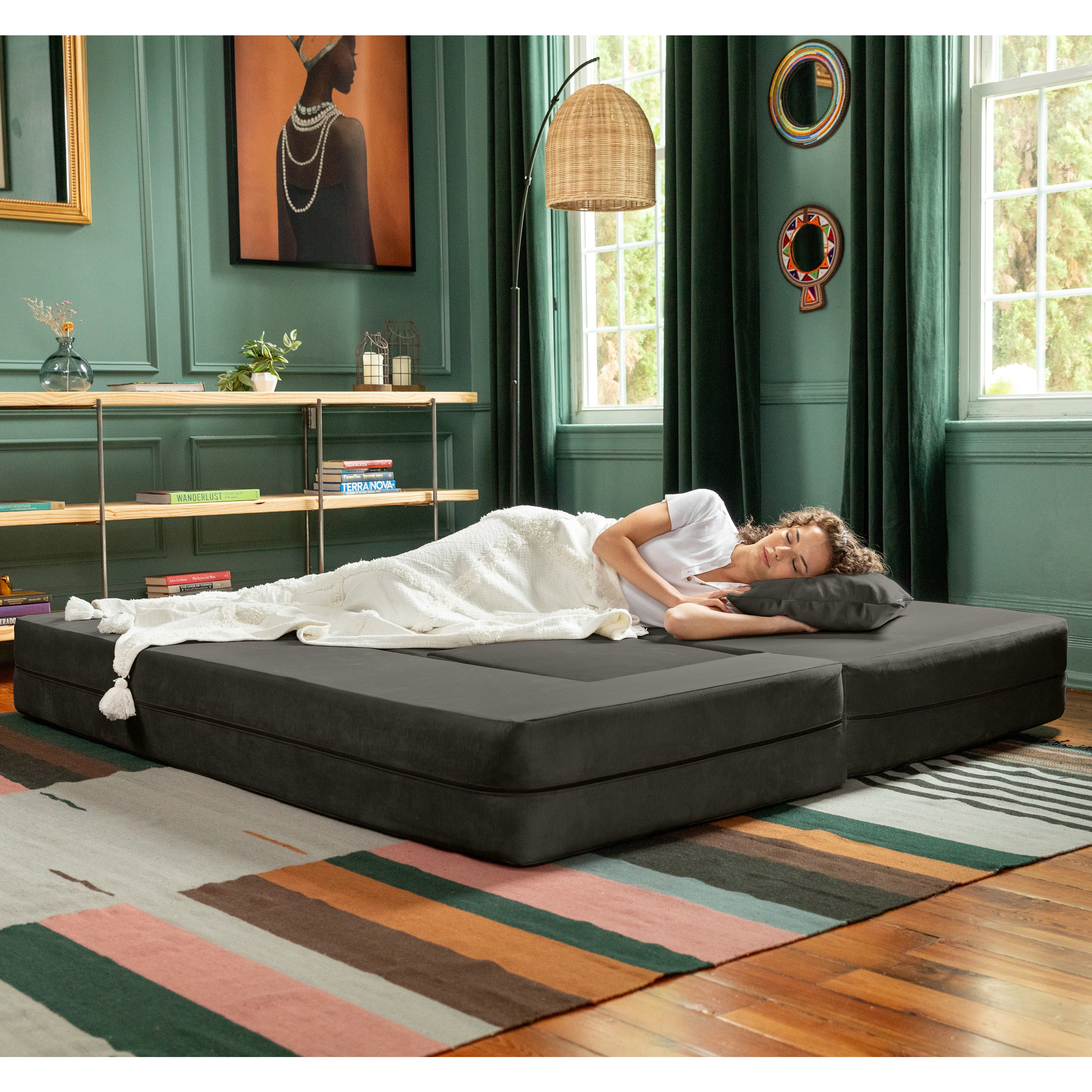 Jaxx Zipline Convertible Sleeper Sofa & Three Ottomans/California King-Size Bed, Textured Microvelvet - Charcoal