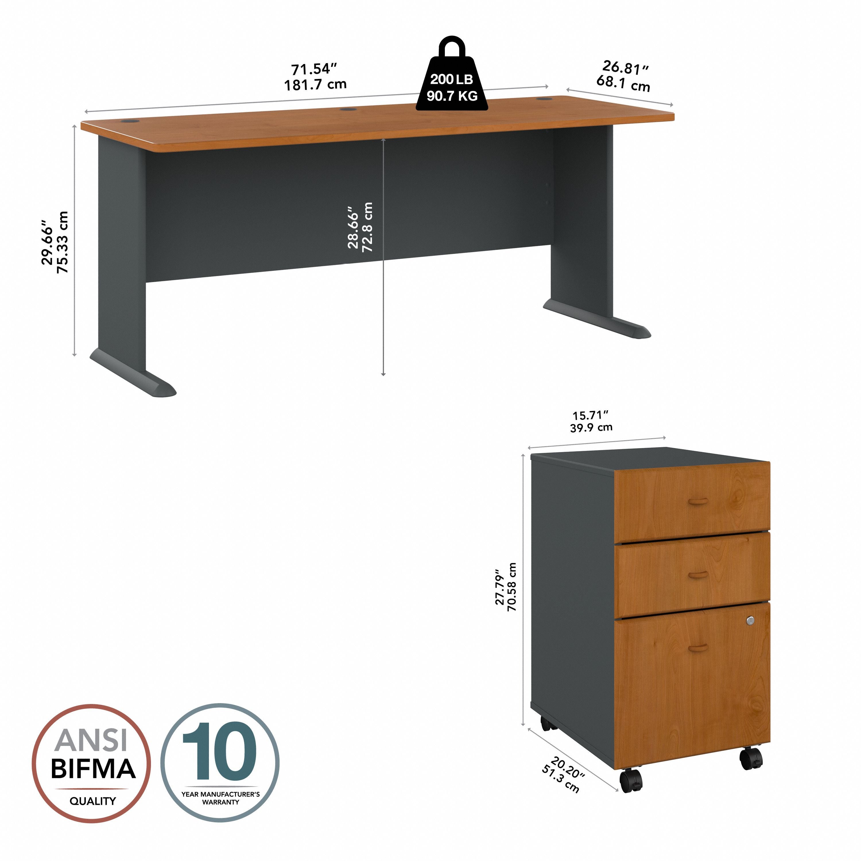 Bush Business Furniture Series A 72W Desk with Mobile File Cabinet in Natural Cherry and Slate - 71.54" Width x 26.81" Depth x 29.66" Height