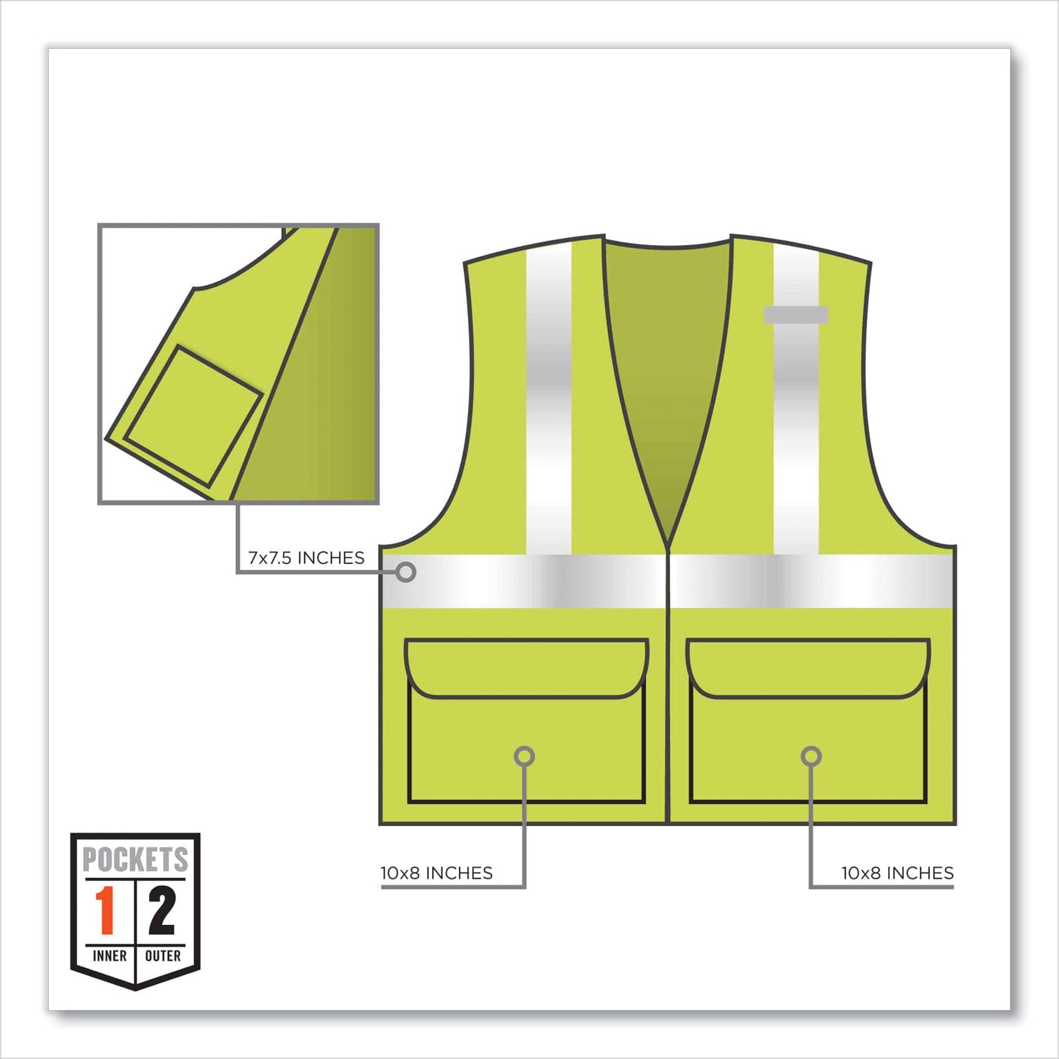 Ergodyne 8225Z Type R Class 2 Solid Safety Vest, Small/Medium, Zipper Closure, Lime, Polyester, Reflective, Pocket, Mic Tab, 1 Each