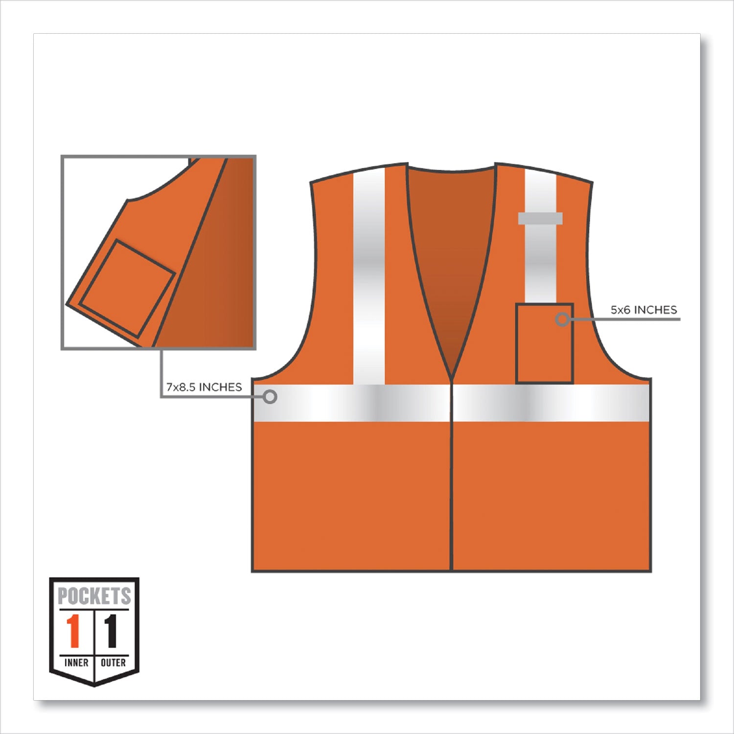 Ergodyne 8210Z Type R Economy Mesh Safety Vest, Extra Small, Zipper Closure, Polyester Mesh, Orange, Reflective, Pocket, Breathable, Lightweight, High Visibility, Machine Washable, Mic Tab, 1 Each