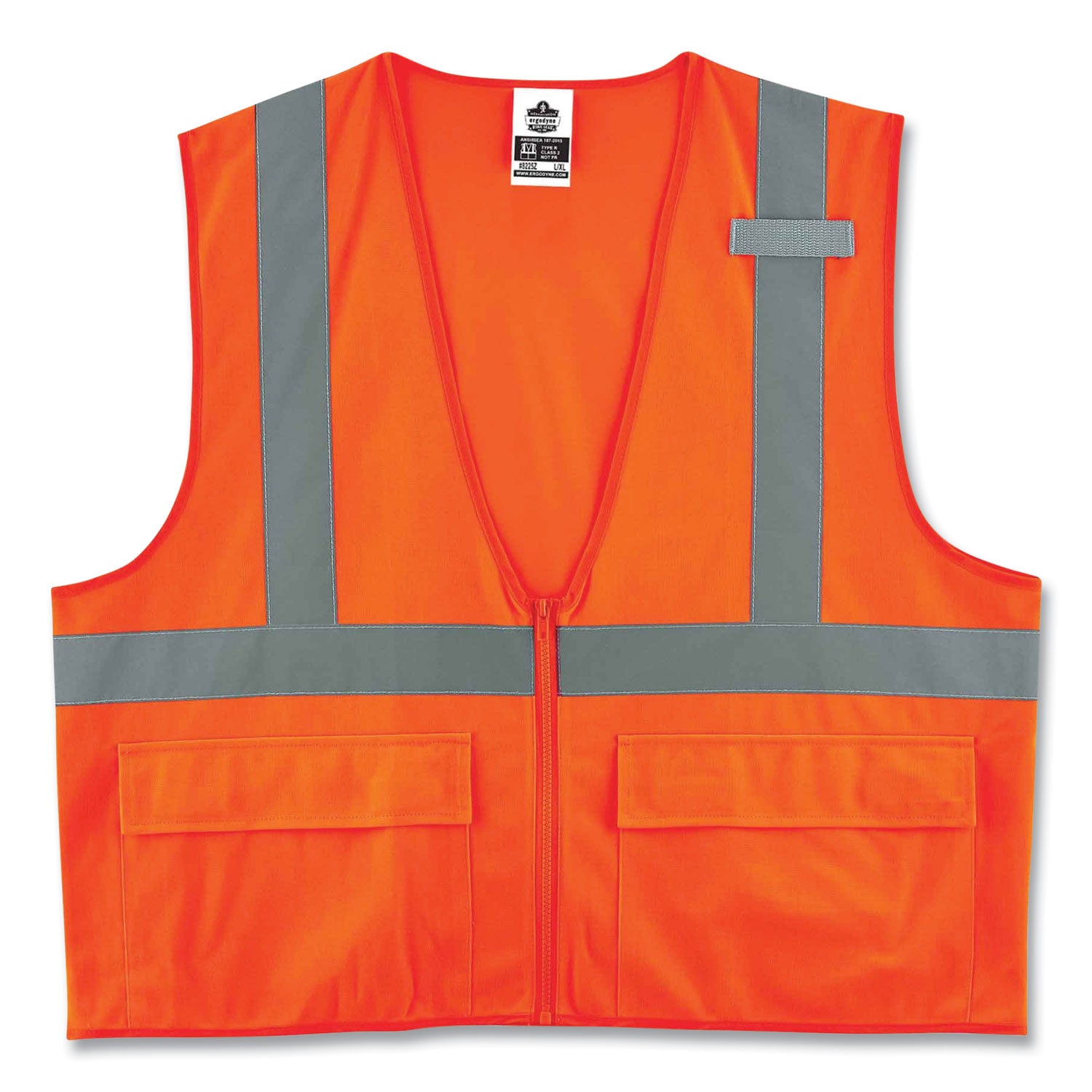 Ergodyne 8225Z Type R Class 2 Standard Solid Vest, Large/Extra Large, Zipper Closure, Polyester, Orange, Reflective, Pocket, Mic Tab, 1 Each