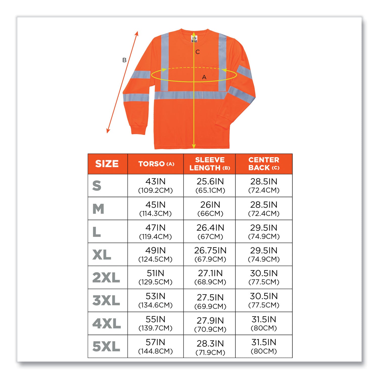 Ergodyne 8391 Type R Class 3 Long Sleeve Safety T-Shirt, Large, Orange, Polyester, Breathable, Moisture Resistant, UV Resistant, Reflective, Heat Resistant, Chest Pocket, 1 Each