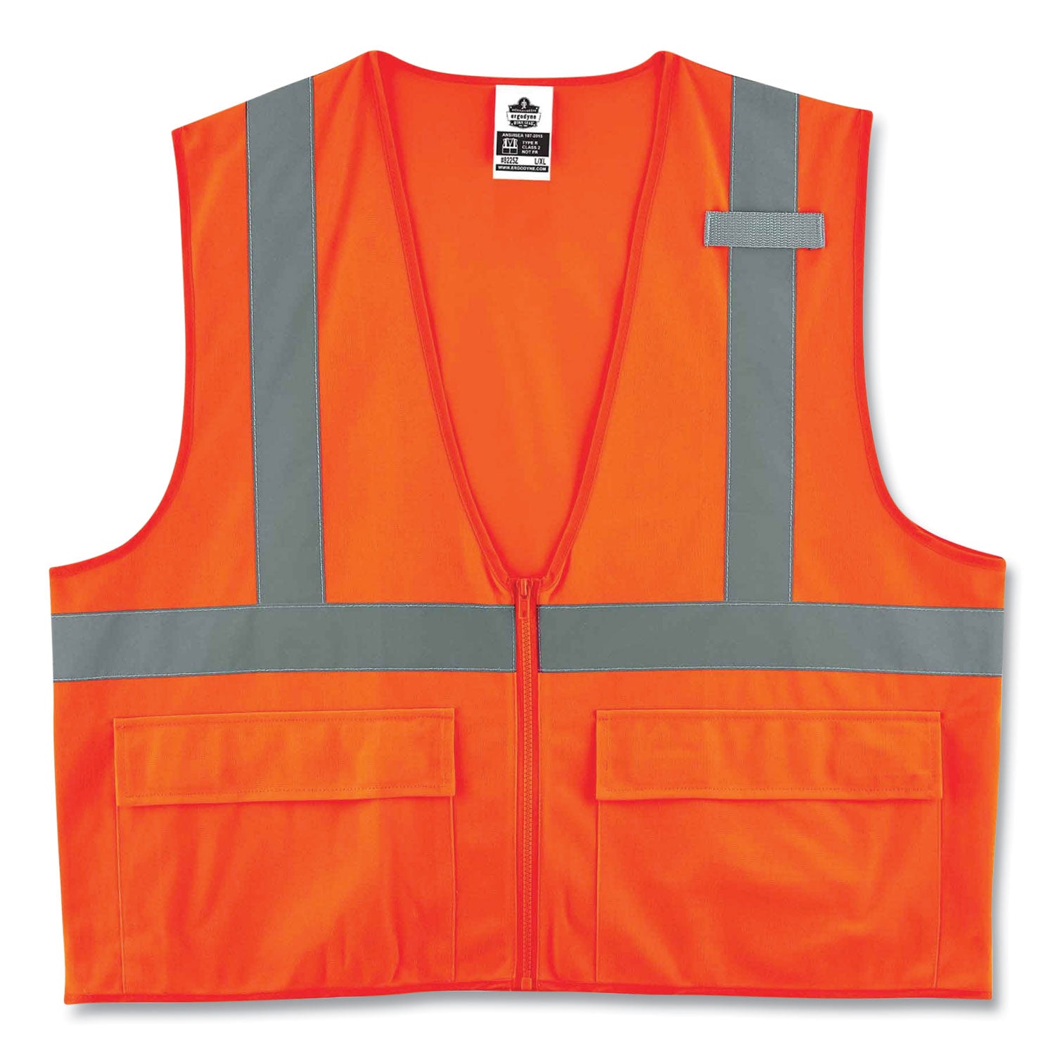 Ergodyne 8225Z Type R Class 2 Standard Solid Vest, 4XL/5XL, Zipper Closure, Polyester, Orange, Reflective, Pocket, Mic Tab, 1 Each