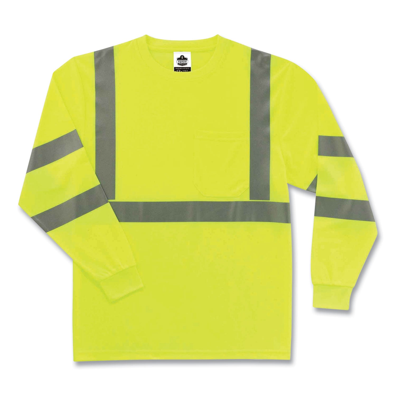 Ergodyne 8391 Type R Class 3 Long Sleeve T-Shirt, 3X-Large, Lime, Polyester, Breathable, Moisture Resistant, UV Resistant, Reflective, Heat Resistant, Chest Pocket, 1 Each