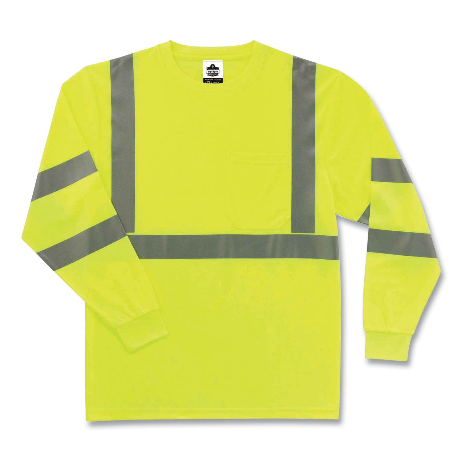 Ergodyne 8391 Type R Class 3 Long Sleeve T-Shirt, 4-Xtra Large, Lime, Polyester, Breathable, Moisture Resistant, UV & Heat Resistant, Reflective, Chest Pocket, 1 Each