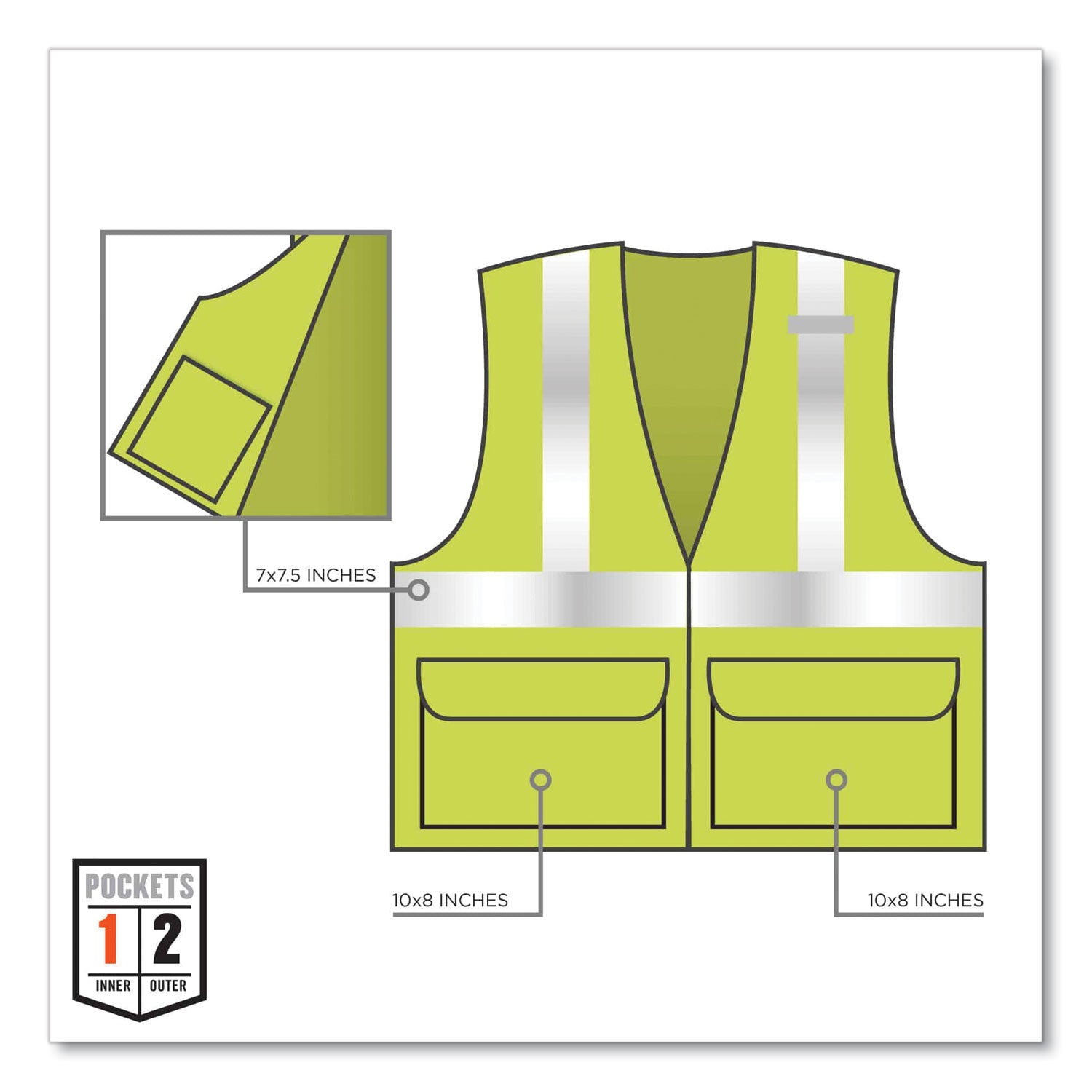 Ergodyne 8225HL Type R Class 2 Solid Vest, 4XL/5XL, Hook & Loop Closure, Polyester, Lime, Pocket, Mic Tab, Reflective, 1 Each