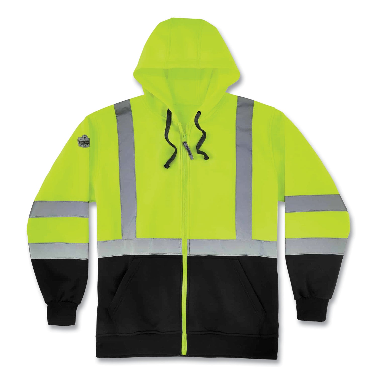 Ergodyne GloWear 8372 Zip-Up Hi-Vis Hooded Sweatshirt, 5X-Large, Yellow/Black, Polar Fleece, Reflective Straps, Drawstring Hood, Elastic Cuffs, Front Zipper, 1 Each