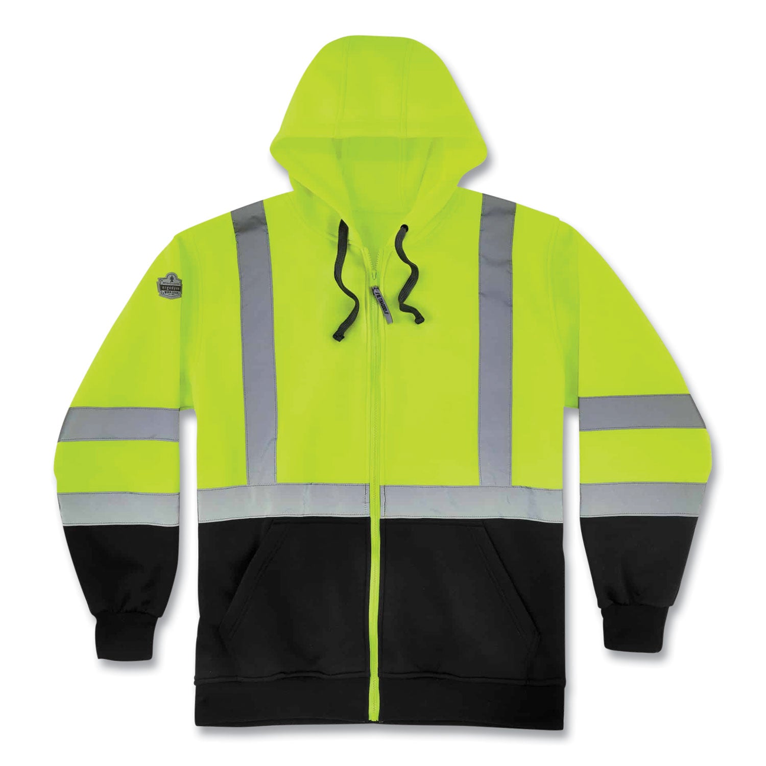 Ergodyne GloWear 8372 Zip-Up Hi-Vis Hooded Sweatshirt, 4X-Large, Yellow/Black, Polar Fleece, Reflective Straps, Drawstring Hood, Elastic Cuffs, Front Zipper, 1 Each