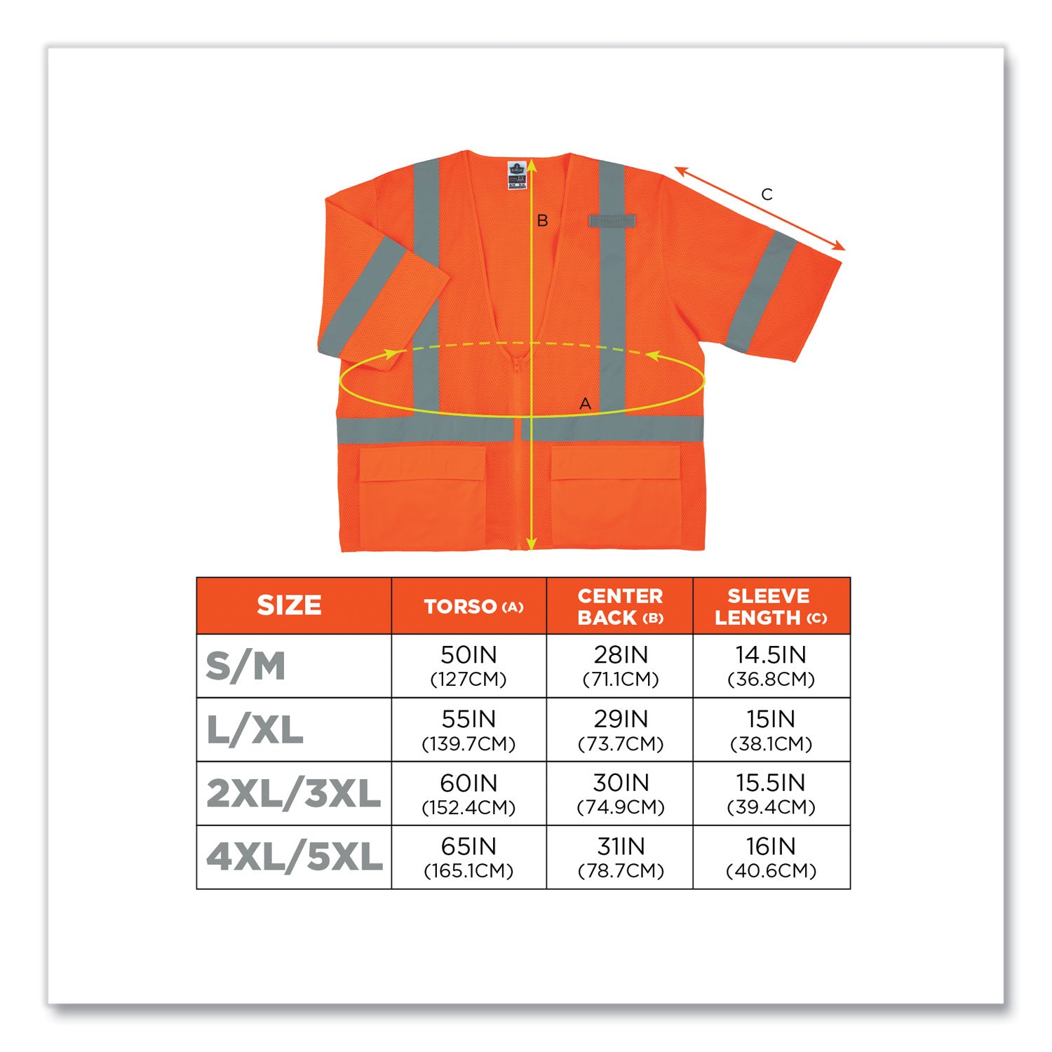 Ergodyne 8320Z Type R Class 3 Standard Vest, 4XL/5XL, Zipper Closure, Polyester Mesh, Orange, Pocket, Mic Tab, Reflective, 1 Each