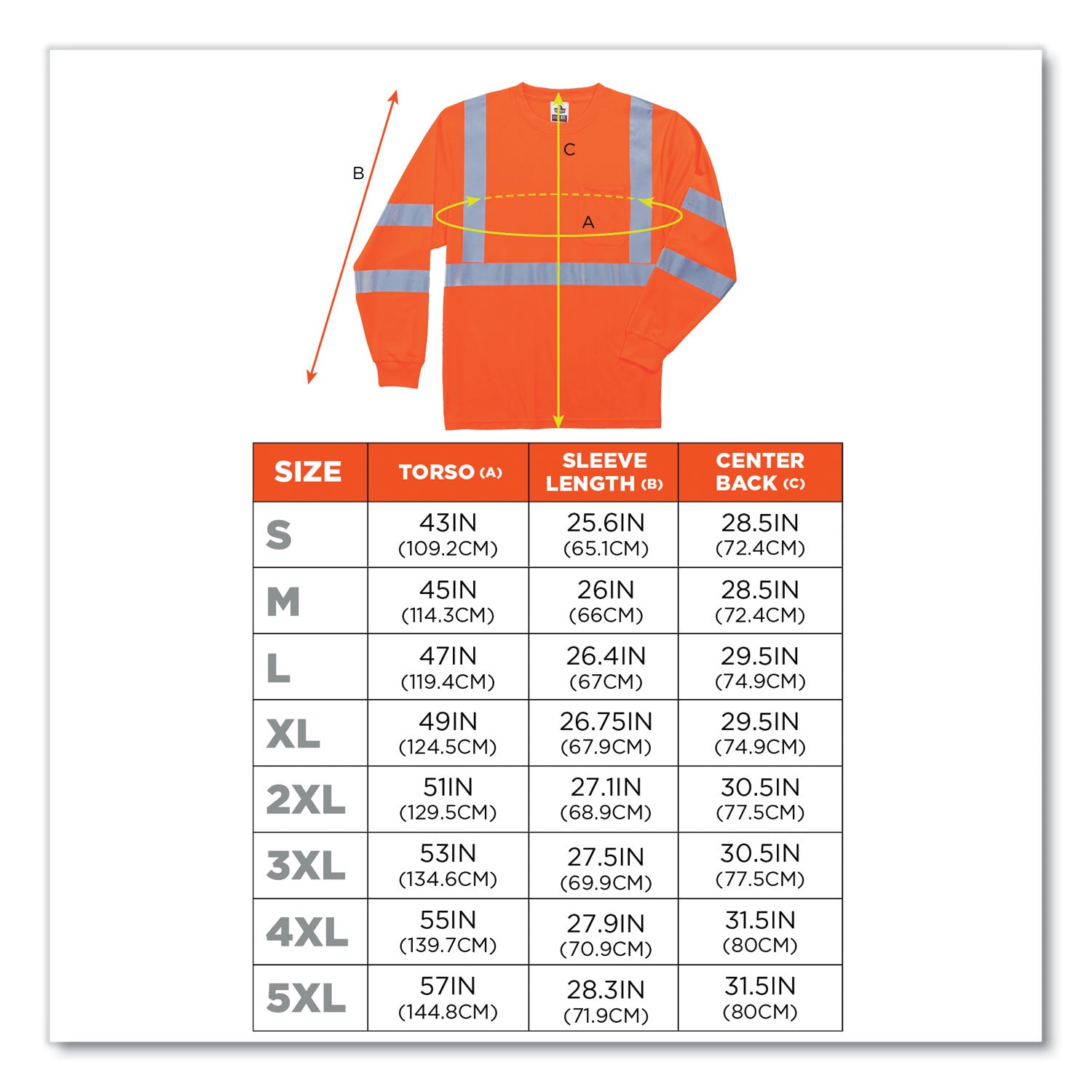 Ergodyne 8391 Type R Class 3 Long Sleeve Safety T-Shirt, 2X-Large, Orange, Polyester, Breathable, Moisture & UV Resistant, Reflective, Heat Resistant, Chest Pocket, 1 Each