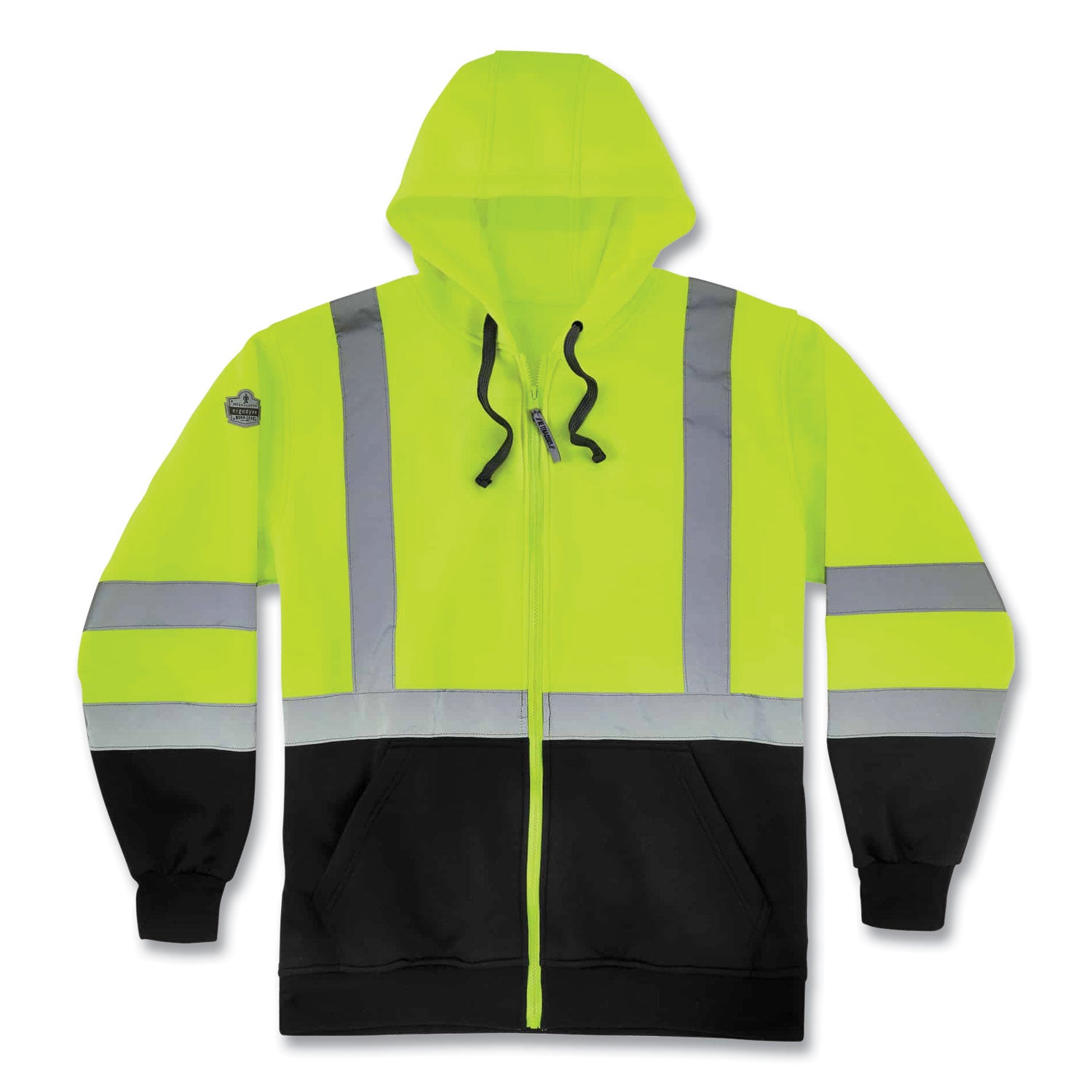 Ergodyne GloWear 8372 Zip-Up Hi-Vis Hooded Sweatshirt, X-Large, Yellow/Black, Polar Fleece, Reflective Straps, Drawstring Hood, Elastic Cuffs, Front Zipper, 1 Each