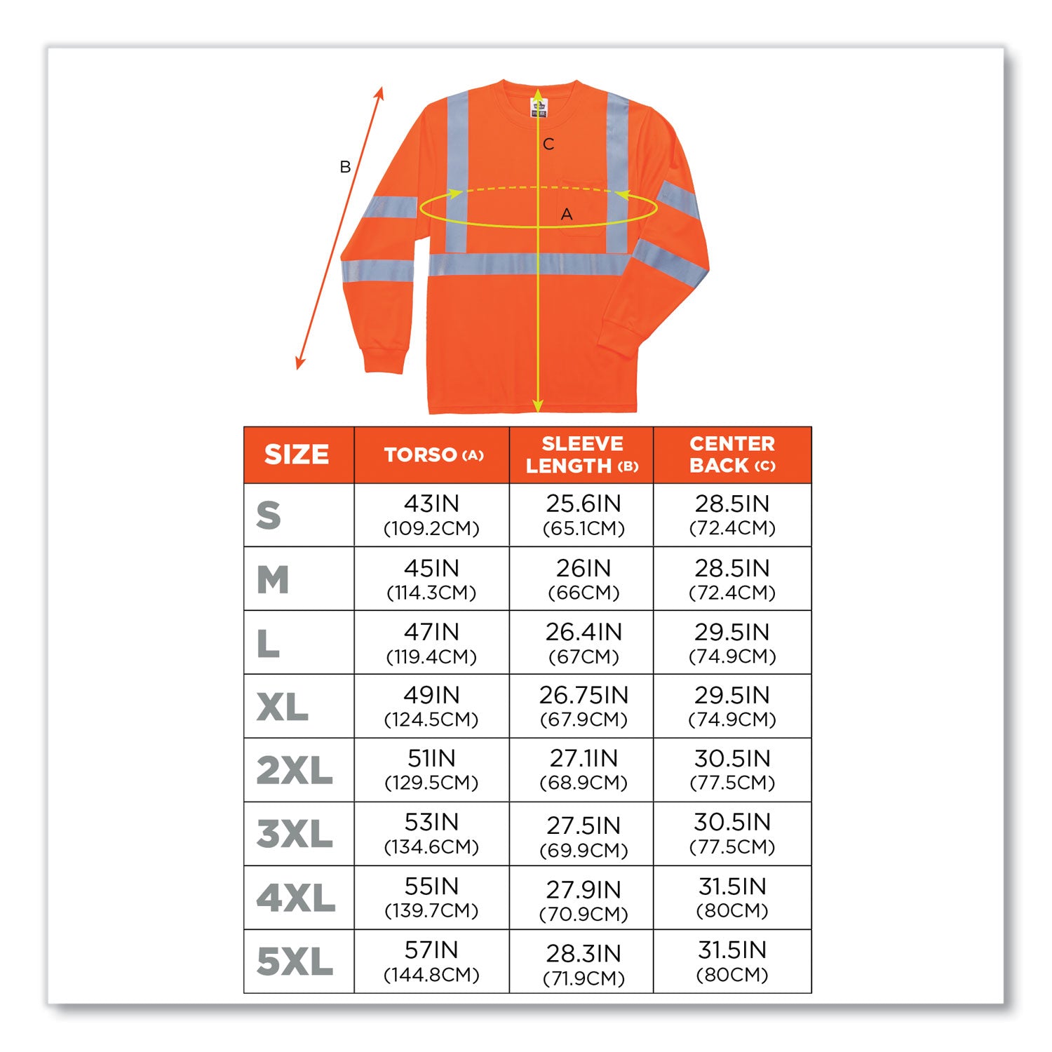 Ergodyne 8391 Type R Class 3 Long Sleeve T-Shirt, Extra Large, Orange, Polyester, Breathable, Moisture Resistant, UV Resistant, Reflective, Heat Resistant, Chest Pocket, 1 Each