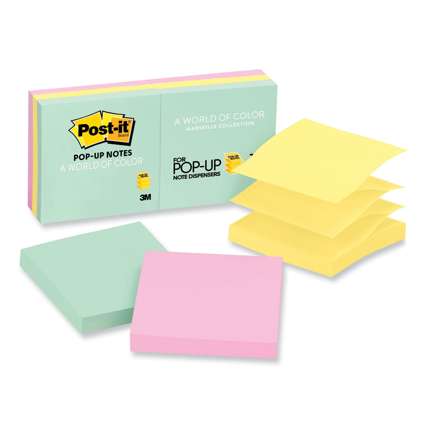 Post-it&reg; Dispenser Notes - 600 - 3" Flag/Note Width x 3" Flag/Note Length - Square - 100 Sheets per Pad - Unruled - Green, Pink, Yellow - Paper - Pop-up, Self-adhesive, Repositionable - 1 Pack