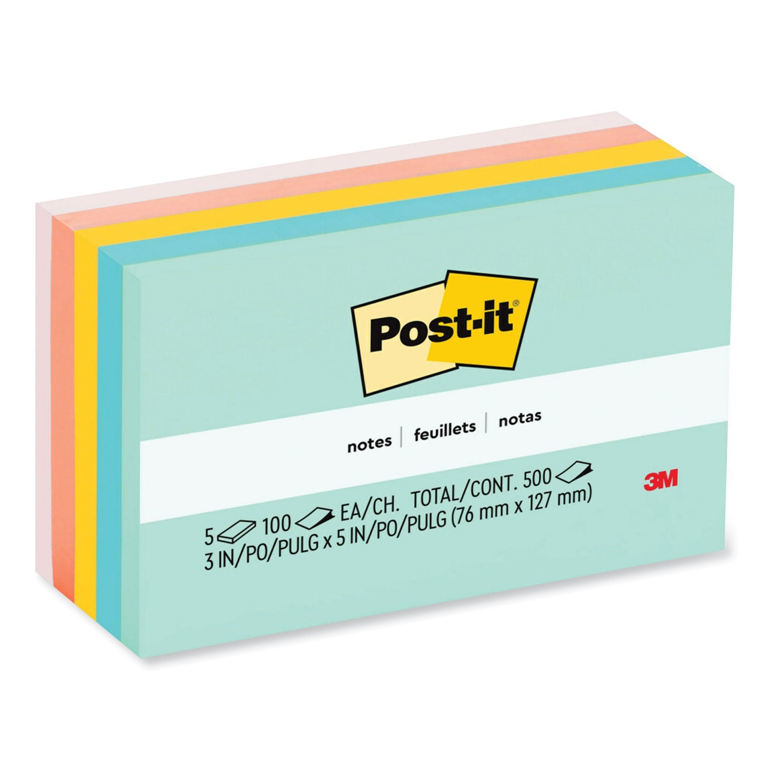 Post-it Notes Beachside Café Color Collection, 3" x 5", 100 Sheets per Pad, 5 Pads/Pack, 500 Notes Total, Fresh Mint, Aqua Splash, Pink, Papaya Fizz, Pink Salt, Self-adhesive, Repositionable
