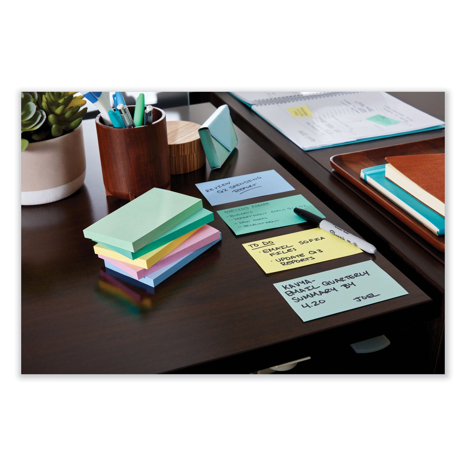Post-it Notes Beachside Café Color Collection, 3" x 5", 100 Sheets per Pad, 5 Pads/Pack, 500 Notes Total, Fresh Mint, Aqua Splash, Pink, Papaya Fizz, Pink Salt, Self-adhesive, Repositionable