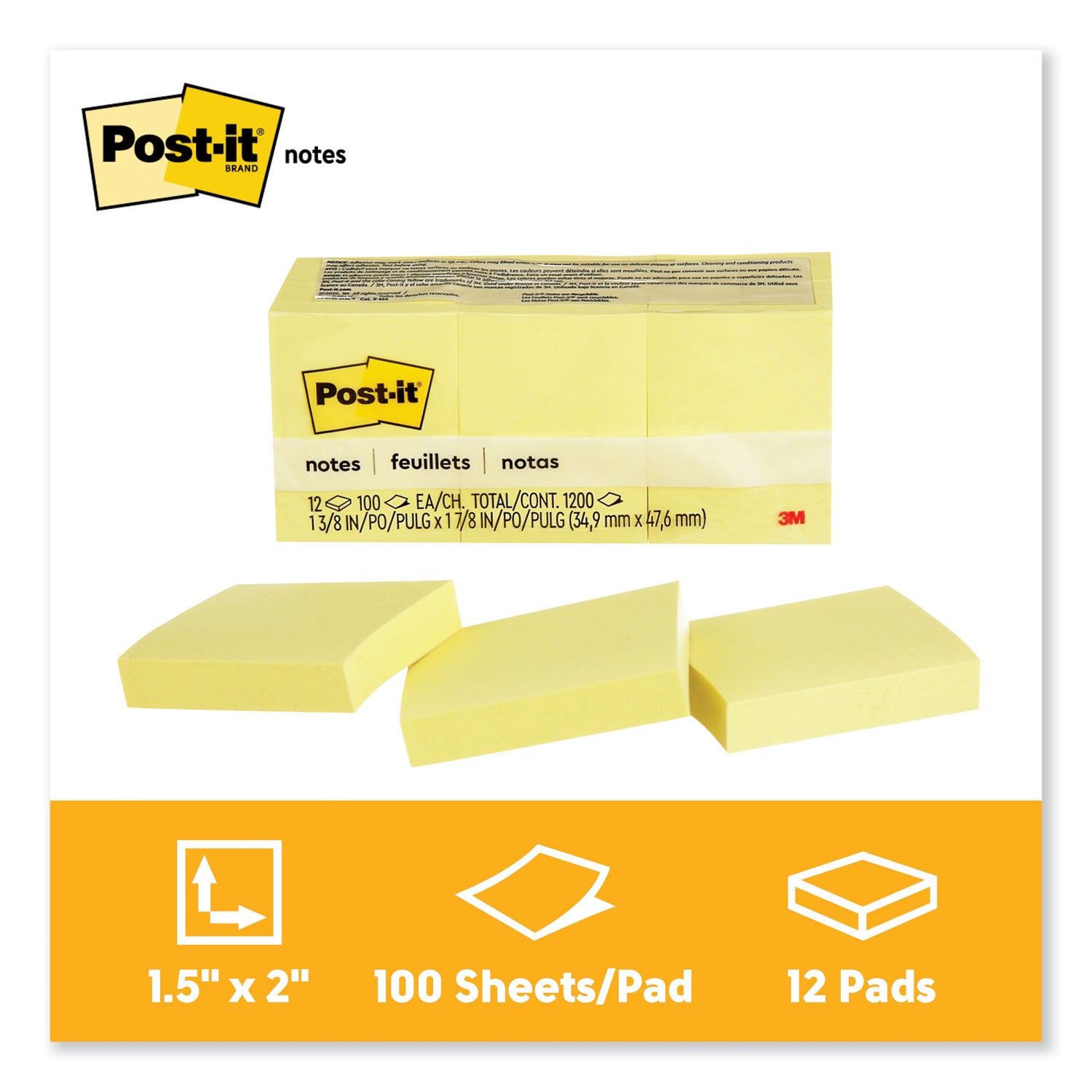 Post-it&reg; Notes Original Notepads - 1 3/8" Flag/Note Width x 1 7/8" Flag/Note Length - Rectangle - 100 Sheets per Pad - Unruled - Canary Yellow - Paper - Self-adhesive, Repositionable - 1 Pack