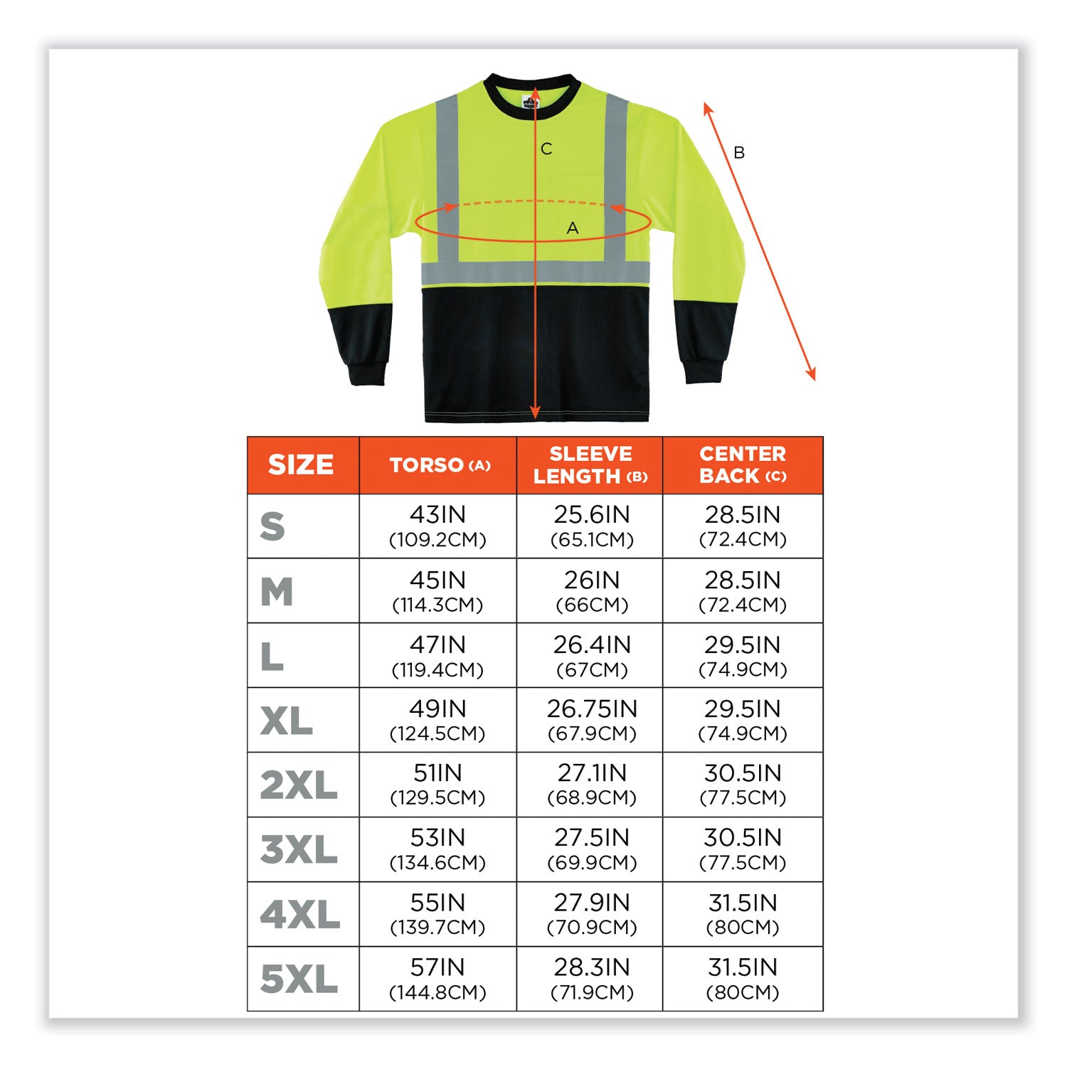 Ergodyne 8281BK Type R Class 2 Long Sleeve T-Shirt, 5XL, Polyester, Lime/Black, 1 Each