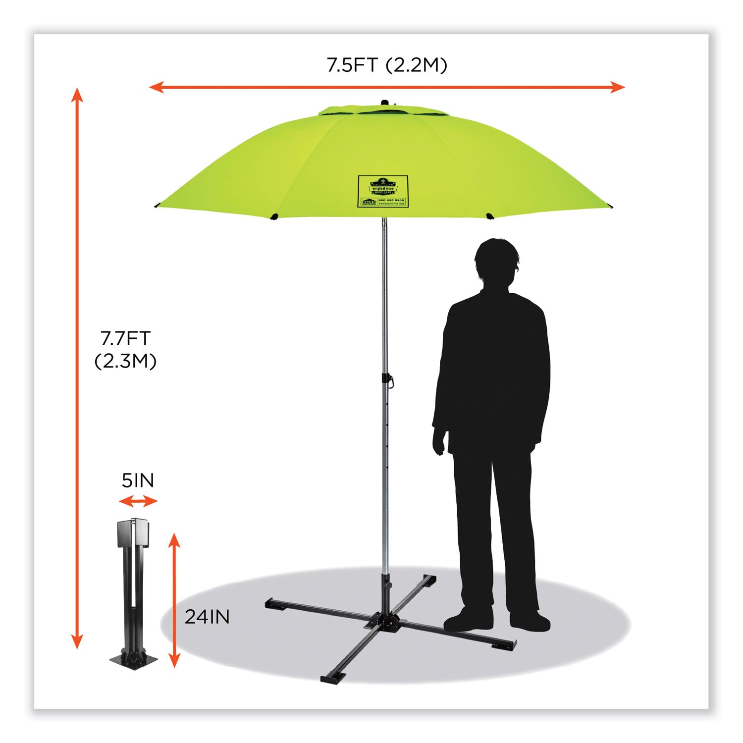 Ergodyne SHAX 6199 Lightweight Work Umbrella and Stand Kit, Lime, Includes 1 Umbrella, 1 Stand, Oversized Storage Bag with Pocket & Ground Spike
