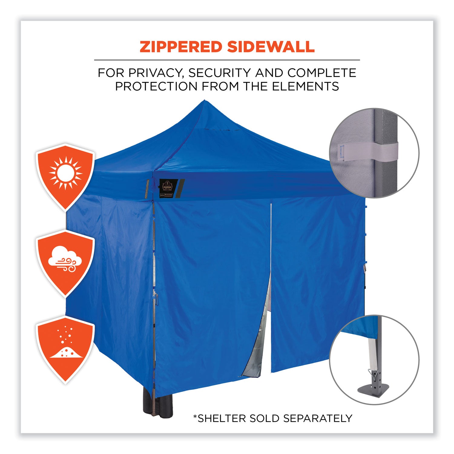 Ergodyne SHAX 6054 Pop-Up Tent Sidewall Kit, Blue, Includes 1 Zippered Sidewall and 3 Standard Sidewalls, 10 ft x 10 ft, Polyurethane/Polyester/Polyethylene Fabric, Water and UV Resistant, CPAI-84 Certified, Packaged Quantity: 1 Each