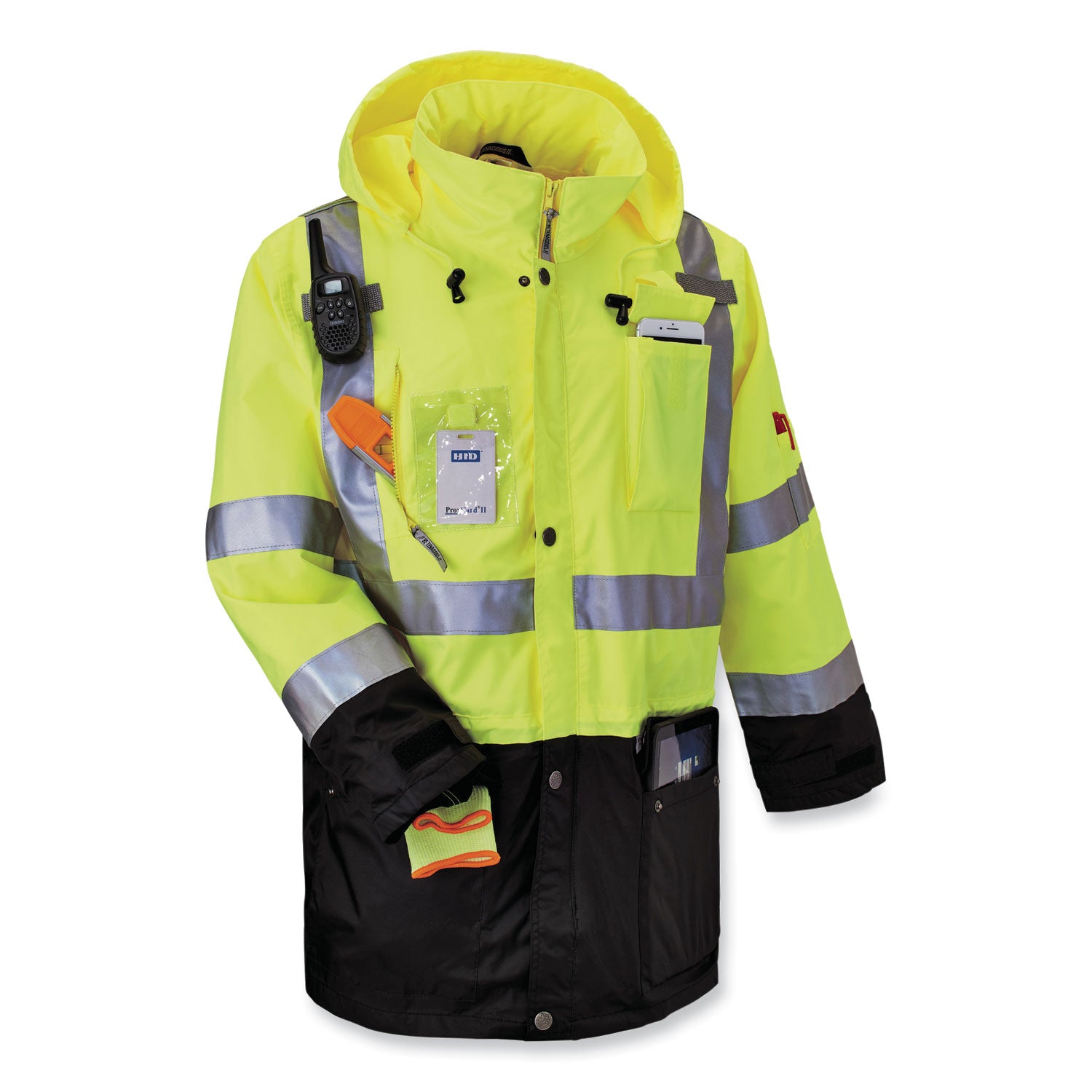 Ergodyne 8386 Type R Class 3 Outer Shell Jacket, Large, Lime, 300D Oxford Polyester, Zipper Closure, Breathable, Reflective, Inset Hood, Multiple Pockets, Drawstring, Badge Holder, 1 Each