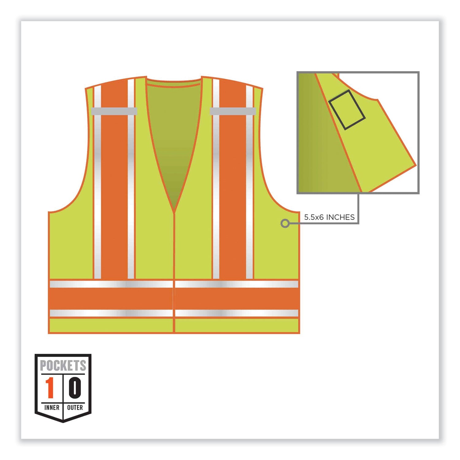 Ergodyne 8245PSV Type P Class 2 Public Safety Vest, Large/Extra Large, Hook & Loop Closure, Lime, Reflective, Pocket, Mic Tab, Two-tone, 1 Each