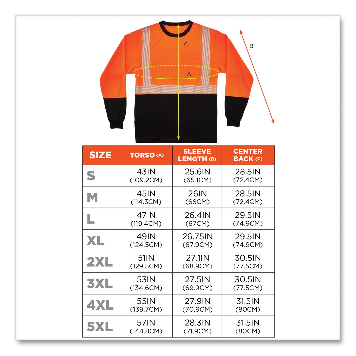 Ergodyne 8281BK Type R Class 2 Hi-Vis Long Sleeve T-Shirt, Large, Polyester, Orange/Black, 1 Each