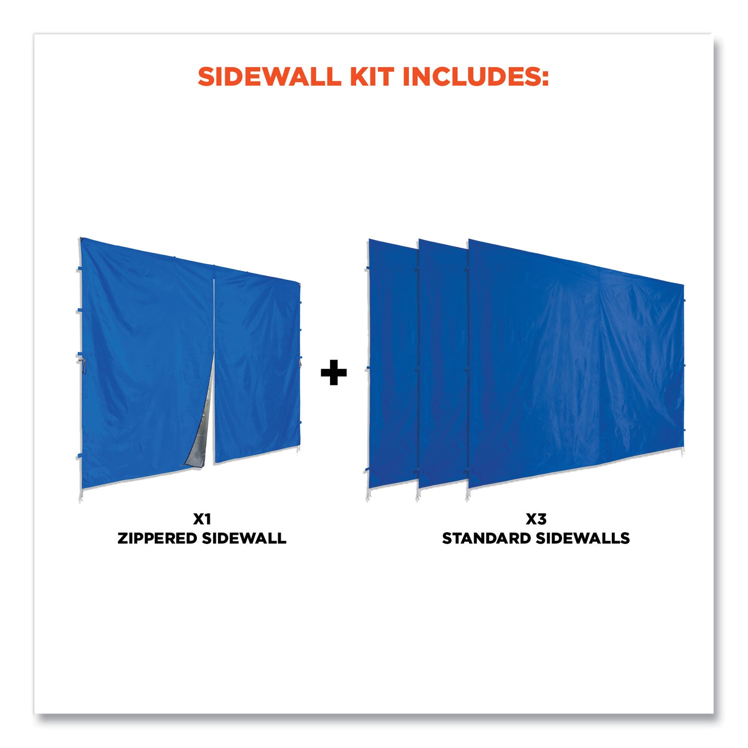 Ergodyne SHAX 6054 Pop-Up Tent Sidewall Kit, Blue, Includes 1 Zippered Sidewall and 3 Standard Sidewalls, 10 ft x 10 ft, Polyurethane/Polyester/Polyethylene Fabric, Water and UV Resistant, CPAI-84 Certified, Packaged Quantity: 1 Each