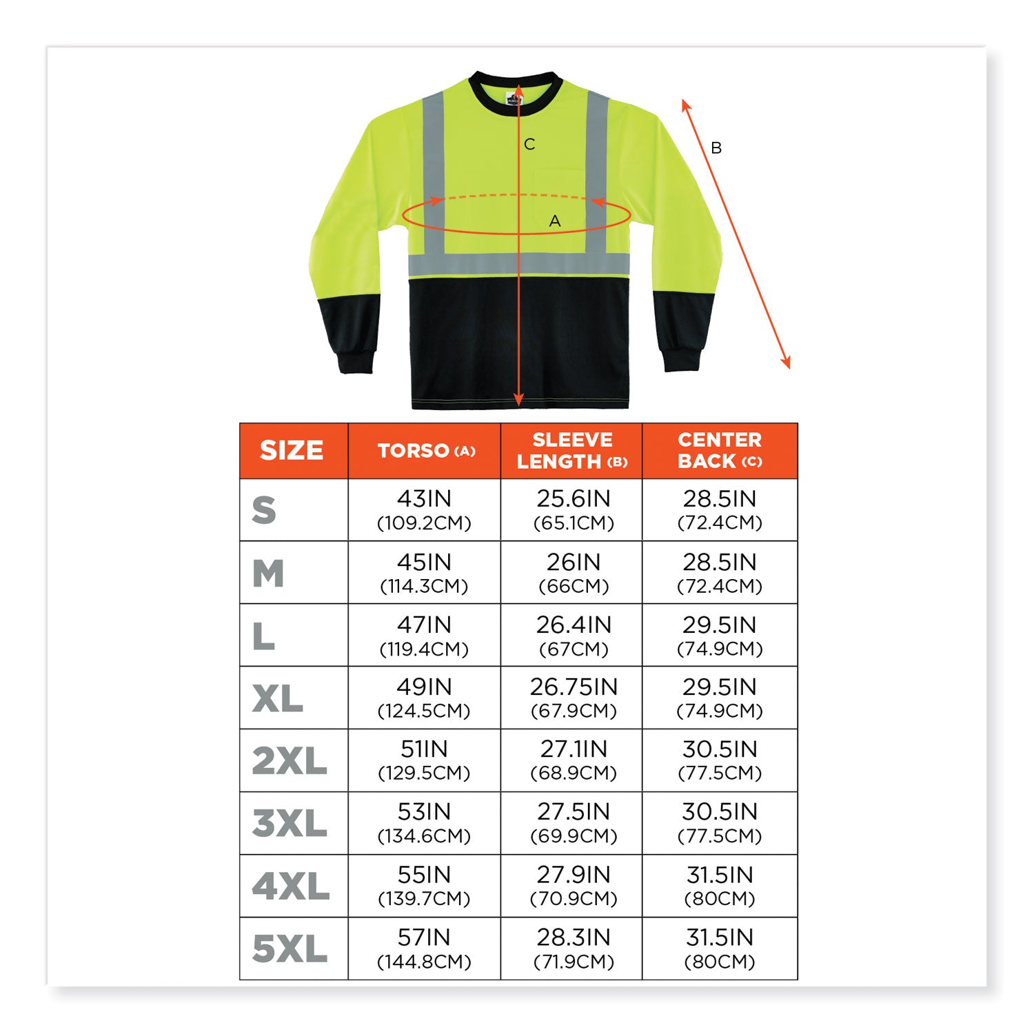 Ergodyne 8281BK Type R Class 2 Hi-Vis Long Sleeve T-Shirt, Large, Polyester, Lime/Black, 1 Each