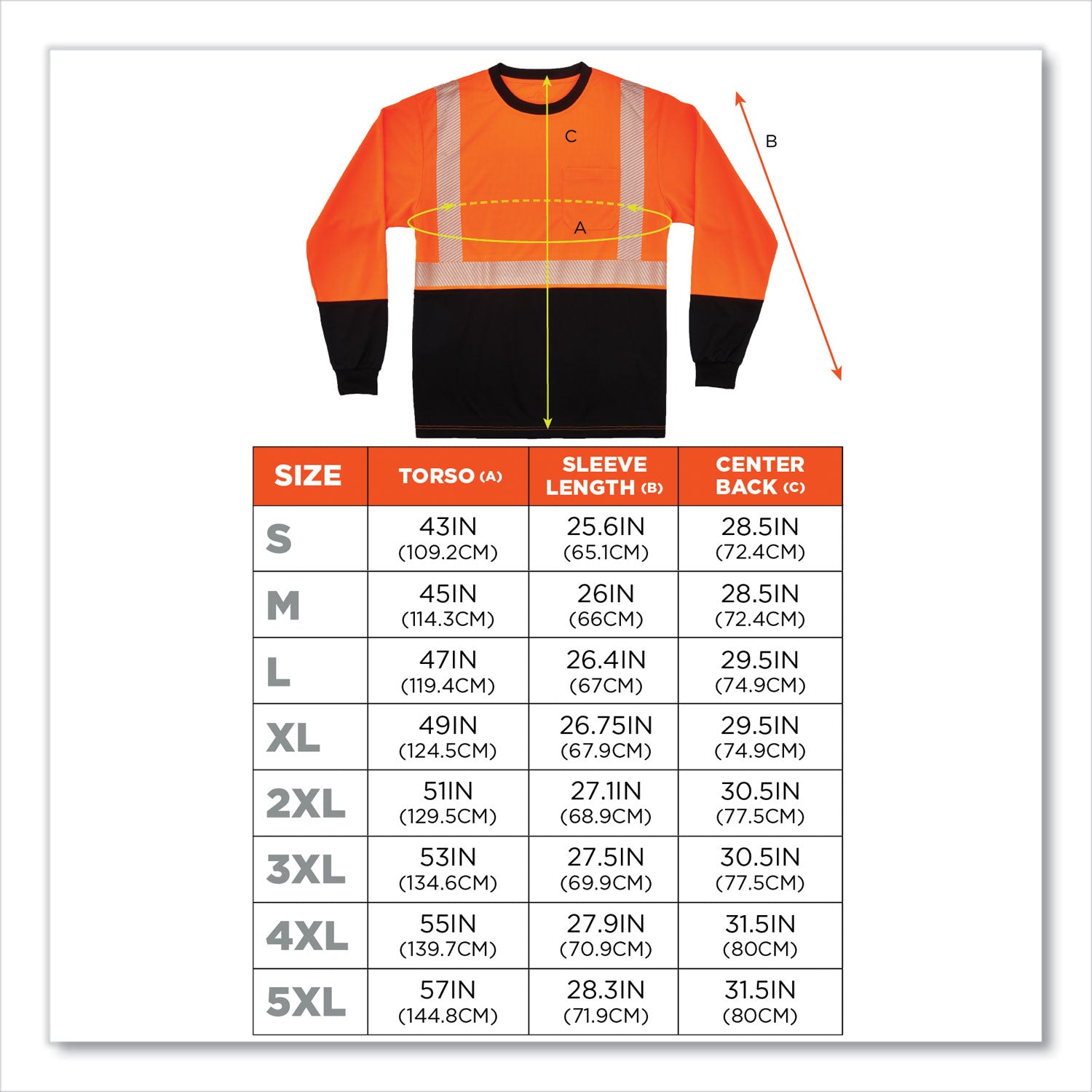 Ergodyne 8281BK Type R Class 2 Long Sleeve T-Shirt, Medium, Polyester, Orange/Black, 1 Each
