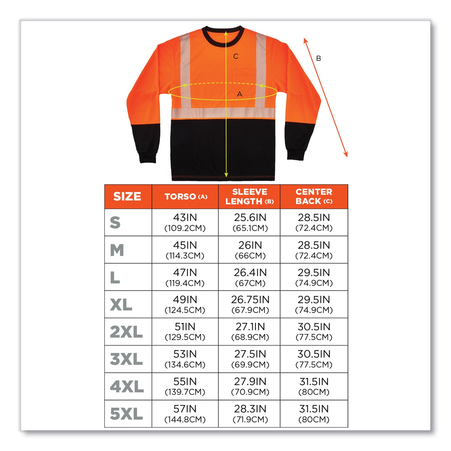 Ergodyne GloWear 8281BK Type R Class 2 Long Sleeve T-Shirt, Extra Large (XL), Polyester, Orange/Black, 1 Each