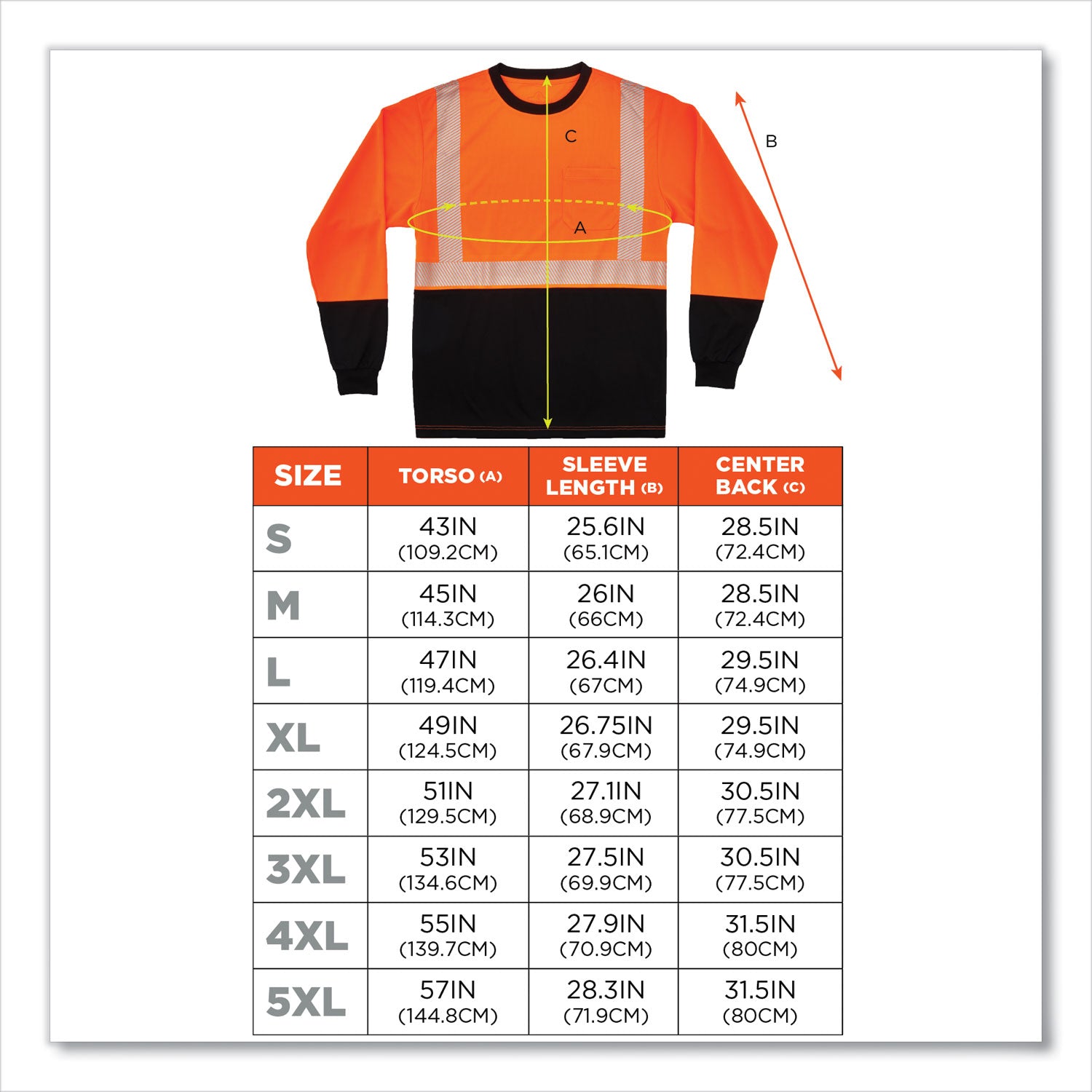 Ergodyne 8281BK Type R Class 2 Long Sleeve T-Shirt, Small, Polyester, Orange/Black, 1 Each