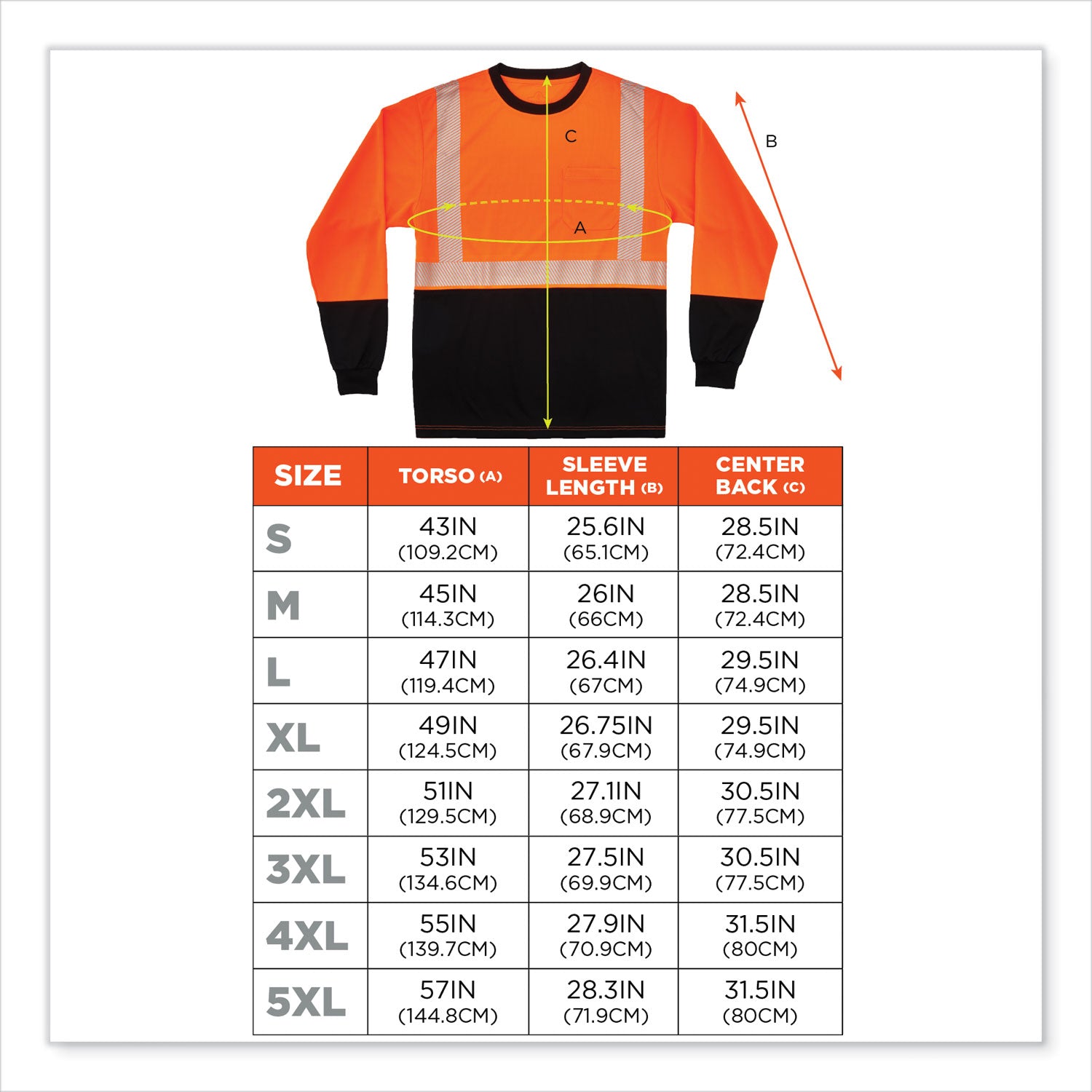 Ergodyne 8281BK Type R Class 2 Long Sleeve T-Shirt, 3XL, Polyester, Orange/Black, 1 Each