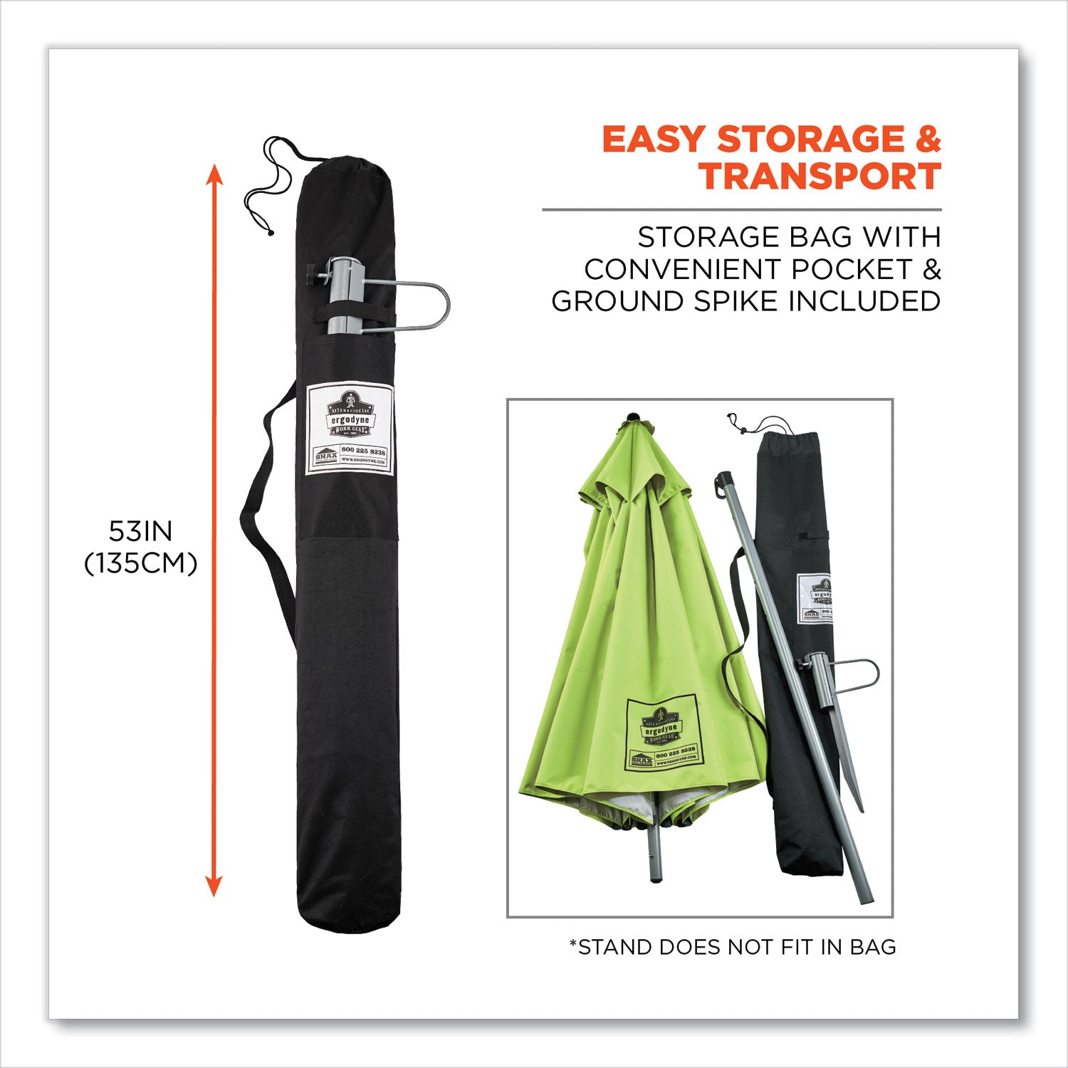 Ergodyne SHAX 6199 Lightweight Work Umbrella and Stand Kit, Lime, Includes 1 Umbrella, 1 Stand, Oversized Storage Bag with Pocket & Ground Spike