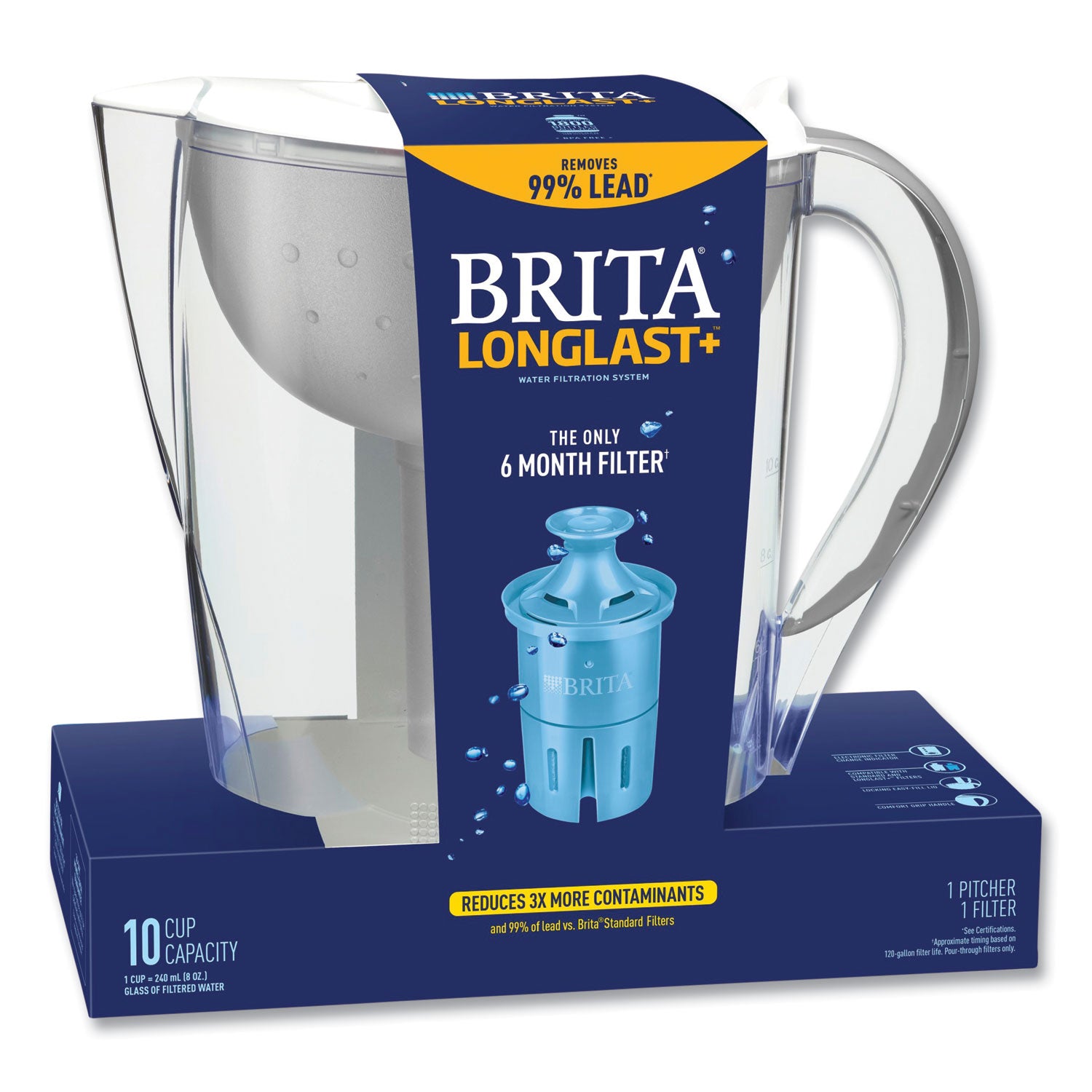 Pacifica Pitcher with Longlast+ Filter, 10 Cups, White/Clear