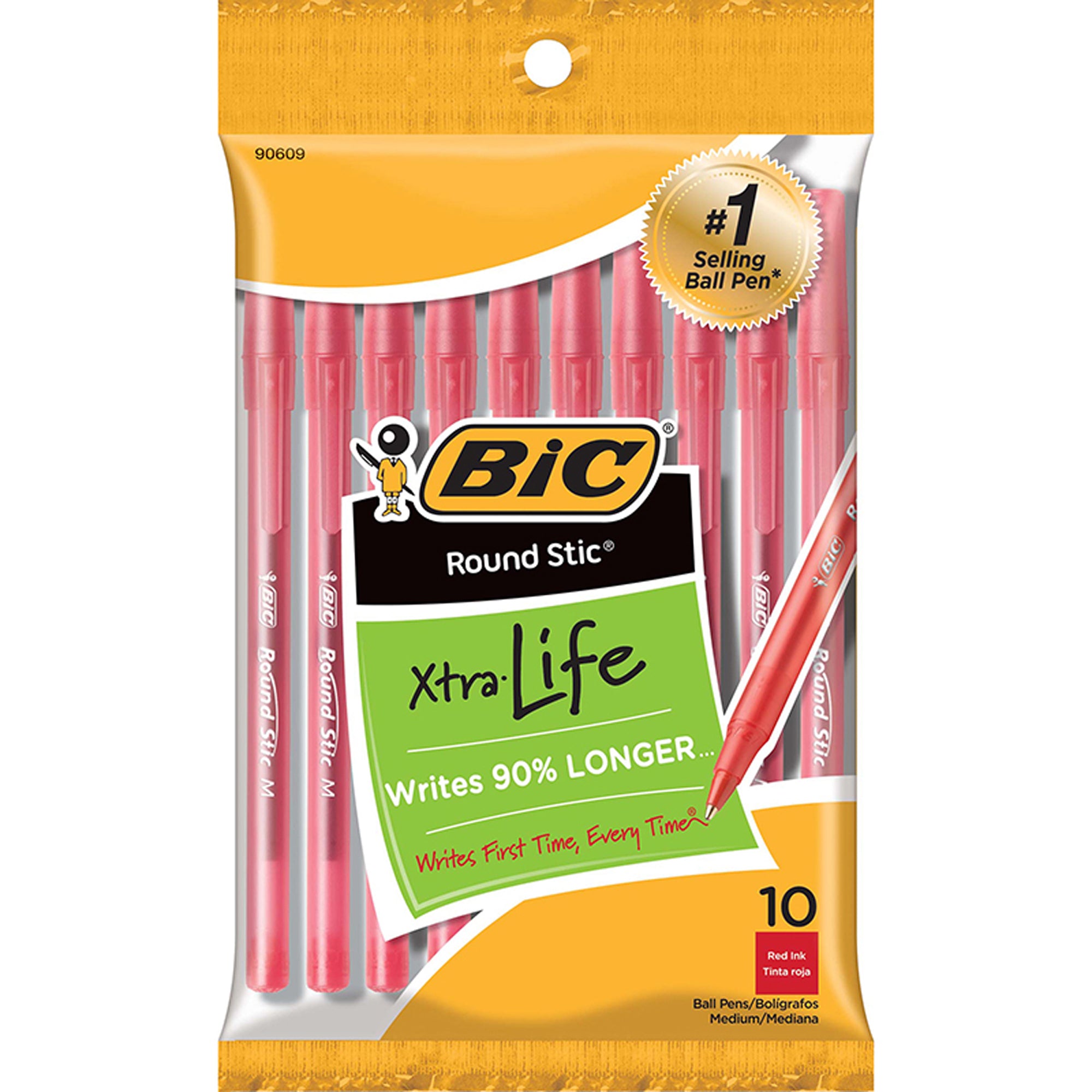 Round Stic® Xtra Life Ballpoint Pen, Medium Point (1.0mm), Red, Pack of 10