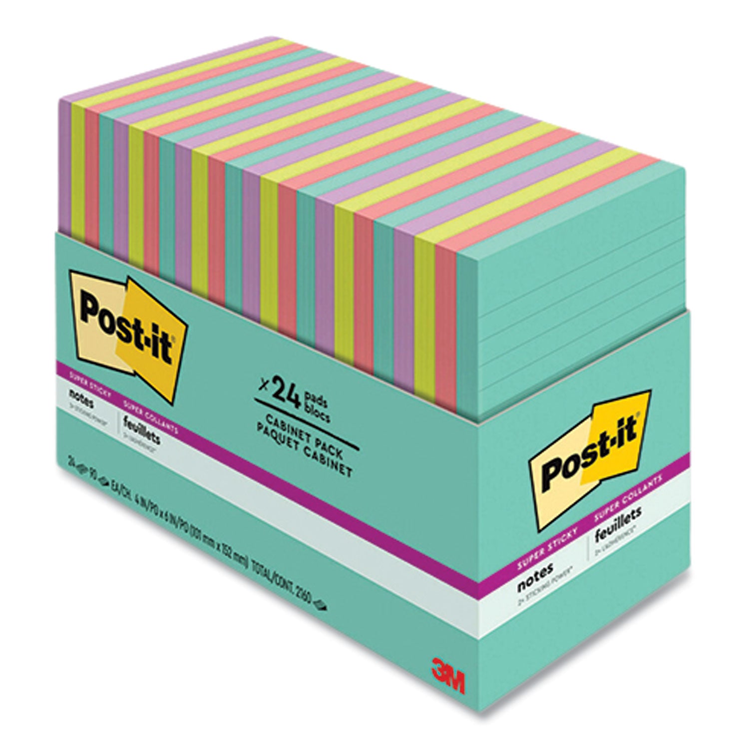 Post-it&reg; Super Sticky Notes - Supernova Neons Color Collection - 4" Flag/Note Width x 6" Flag/Note Length - Rectangle - 45 Sheets per Pad - Blue, Green, Pink, Lilac - Sticky - 24 / Pack